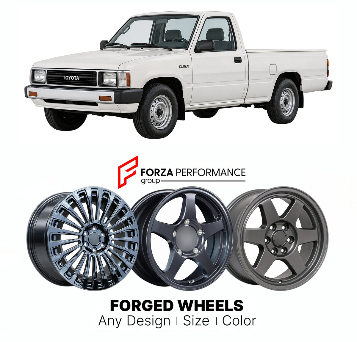 CUSTOM CLASSIC VINTAGE RESTOMOD RETRO OLD SCHOOL FORGED WHEELS RIMS for TOYOTA HILUX N80 N90 N100 N110 1988 - 1997

Custom forged wheels for Toyota Hilux N80 N90 N100 N110 1988 - 1997. Classic, vintage, restomod and retro JDM wheel designs made to order in custom sizes, offsets, colors and finishes with guaranteed fitment.

We manufacture premium quality forged wheels rims for Toyota Hilux N80 N90 N100 N110 1988 - 1997 in any design, size, color.

JDM WHEEL DESIGNS: our Japanese collection for SUVs and pick