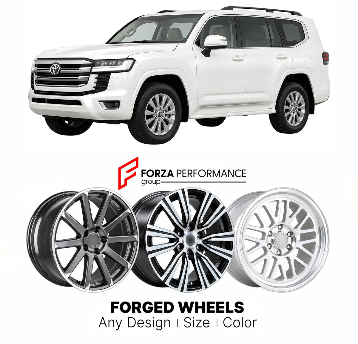 FORGED WHEELS RIMS for TOYOTA LAND CRUISER J300 2021+

Custom forged wheels for Toyota Land Cruiser J300 2021+. Made-to-order monoblock, 2-piece and 3-piece rims in custom sizes, offsets, colors and finishes with guaranteed fitment.

We manufacture premium quality forged wheels rims for Toyota Land Cruiser J300 2021+ in any design, size, color.

JDM WHEEL DESIGNS: our Japanese collection for SUVs and pickups includes designs inspired by Bradley V, Method Race Wheels, Forgiato, Kuhl Racing, Mugen, TRD, Rota,