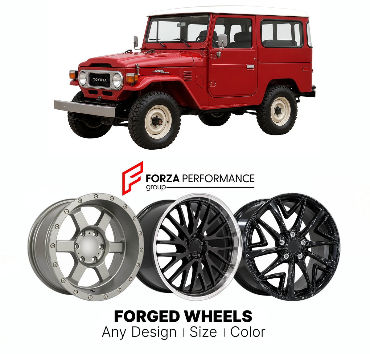 CUSTOM CLASSIC VINTAGE RESTOMOD RETRO OLD SCHOOL FORGED WHEELS RIMS for TOYOTA LAND CRUISER J40 1960 - 1984

Custom forged wheels for Toyota Land Cruiser J40 1960 - 1984. Classic, vintage, restomod and retro JDM wheel designs made to order in custom sizes, offsets, colors and finishes with guaranteed fitment.

We manufacture premium quality forged wheels rims for Toyota Land Cruiser J40 1960 - 1984 in any design, size, color.

JDM WHEEL DESIGNS: our Japanese collection for SUVs and pickups includes designs 