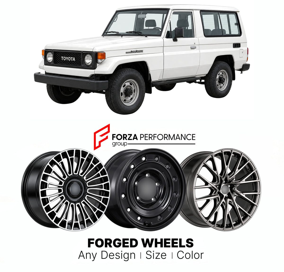 CUSTOM CLASSIC VINTAGE RESTOMOD RETRO OLD SCHOOL FORGED WHEELS RIMS for TOYOTA LAND CRUISER J70 1984 - 2006

Custom forged wheels for Toyota Land Cruiser J70 1984 - 2006. Classic, vintage, restomod and retro JDM wheel designs made to order in custom sizes, offsets, colors and finishes with guaranteed fitment.

We manufacture premium quality forged wheels rims for Toyota Land Cruiser J70 1984 - 2006 in any design, size, color.

JDM WHEEL DESIGNS: our Japanese collection for SUVs and pickups includes designs 