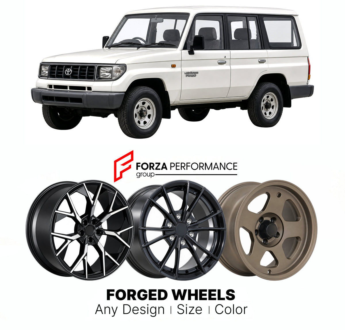 CUSTOM CLASSIC VINTAGE RESTOMOD RETRO OLD SCHOOL FORGED WHEELS RIMS for TOYOTA LAND CRUISER PRADO J70 LIGHT DUTY 1984 - 1996

Custom forged wheels for Toyota Land Cruiser Prado J70 Light Duty 1984 - 1996. Classic, vintage, restomod and retro JDM wheel designs made to order in custom sizes, offsets, colors and finishes with guaranteed fitment.

We manufacture premium quality forged wheels rims for Toyota Land Cruiser Prado J70 Light Duty 1984 - 1996 in any design, size, color.

JDM WHEEL DESIGNS: our Japanes