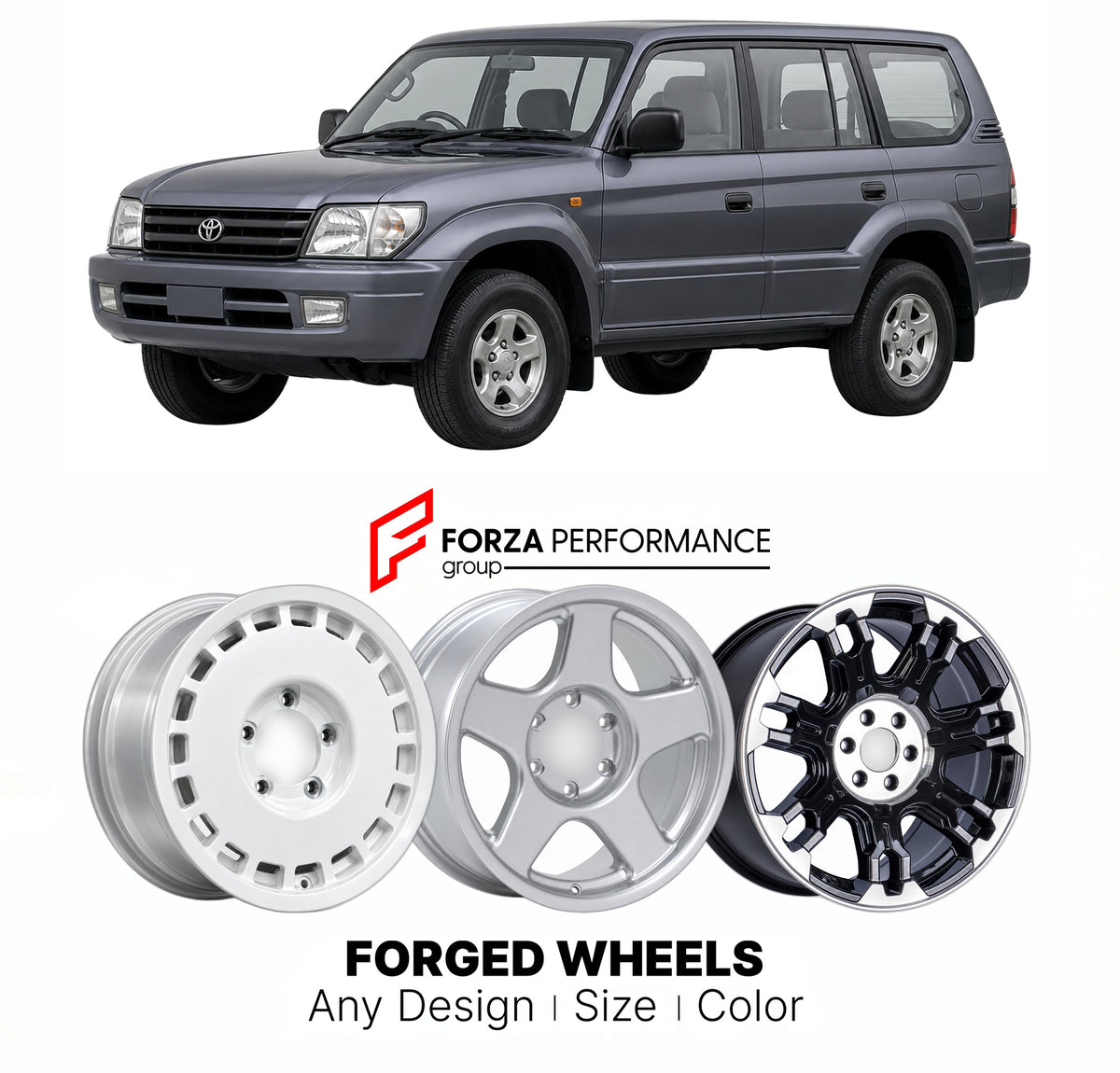 CUSTOM CLASSIC VINTAGE RESTOMOD RETRO OLD SCHOOL FORGED WHEELS RIMS for TOYOTA LAND CRUISER PRADO J90 1996 - 1999

Custom forged wheels for Toyota Land Cruiser Prado J90 1996 - 1999. Classic, vintage, restomod and retro JDM wheel designs made to order in custom sizes, offsets, colors and finishes with guaranteed fitment.

We manufacture premium quality forged wheels rims for Toyota Land Cruiser Prado J90 1996 - 1999 in any design, size, color.

JDM WHEEL DESIGNS: our Japanese collection for SUVs and pickups