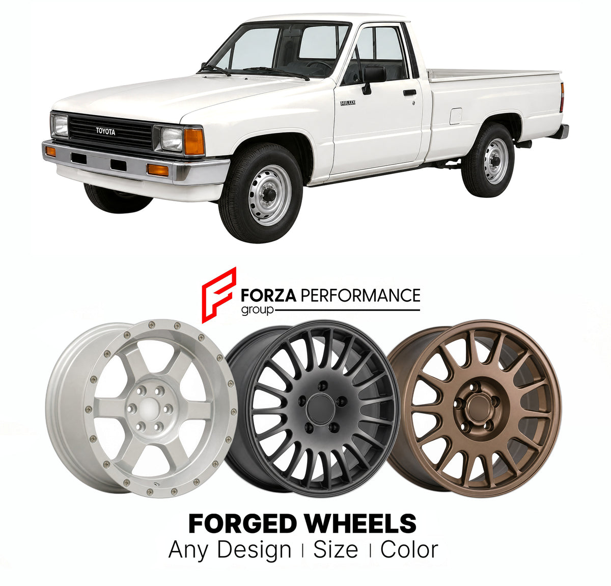 CUSTOM CLASSIC VINTAGE RESTOMOD RETRO OLD SCHOOL FORGED WHEELS RIMS for TOYOTA PICKUP N50 N60 N70 1983 - 1988

Custom forged wheels for Toyota Pickup N50 N60 N70 1983 - 1988. Classic, vintage, restomod and retro JDM wheel designs made to order in custom sizes, offsets, colors and finishes with guaranteed fitment.

We manufacture premium quality forged wheels rims for Toyota Pickup N50 N60 N70 1983 - 1988 in any design, size, color.

JDM WHEEL DESIGNS: our Japanese collection for SUVs and pickups includes de