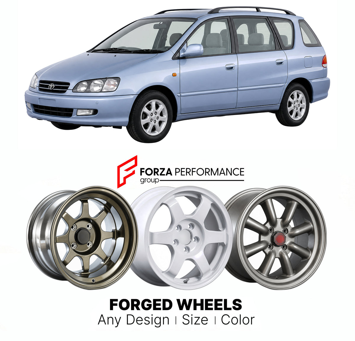 CUSTOM CLASSIC VINTAGE RESTOMOD RETRO OLD SCHOOL FORGED WHEELS RIMS for TOYOTA PICNIC IPSUM XM10 1995 - 2001

Custom forged wheels for Toyota Picnic Ipsum XM10 1995 - 2001. Classic, vintage, restomod and retro JDM wheel designs made to order in custom sizes, offsets, colors and finishes with guaranteed fitment.

We manufacture premium quality forged wheels rims for Toyota Picnic Ipsum XM10 1995 - 2001 in any design, size, color.

JDM WHEEL DESIGNS: our Japanese collection for hatchbacks, kei cars and MPVs i