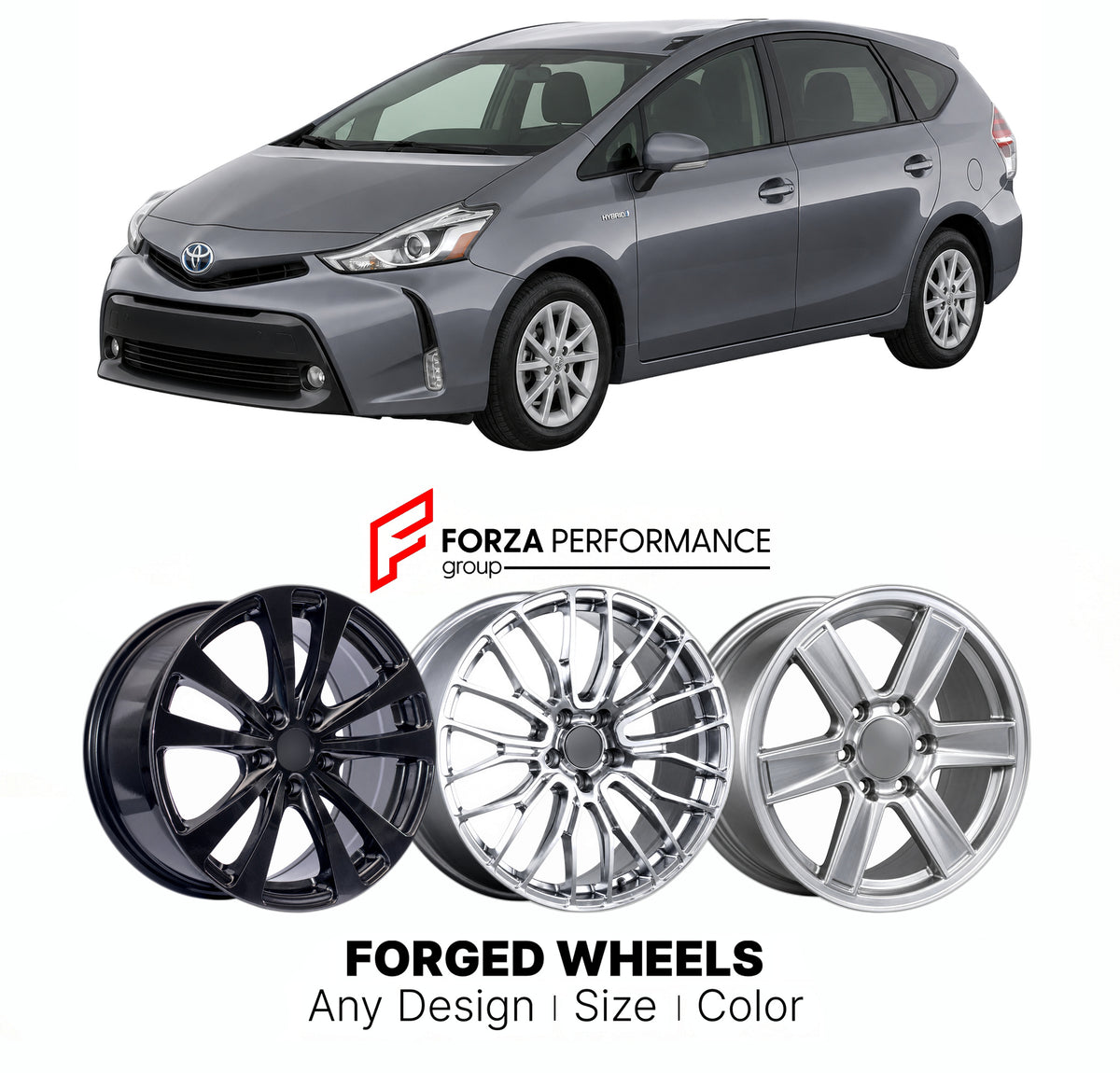 FORGED WHEELS RIMS for TOYOTA PRIUS V PRIUS+ ZVW40 ZVW41 FACELIFT 2015 - 2021

Custom forged wheels for Toyota Prius V Prius+ ZVW40 ZVW41 Facelift 2015 - 2021. Made-to-order monoblock, 2-piece and 3-piece rims in custom sizes, offsets, colors and finishes with guaranteed fitment.

We manufacture premium quality forged wheels rims for Toyota Prius V Prius+ ZVW40 ZVW41 Facelift 2015 - 2021 in any design, size, color.

JDM WHEEL DESIGNS: our Japanese collection for hatchbacks, kei cars and MPVs includes design