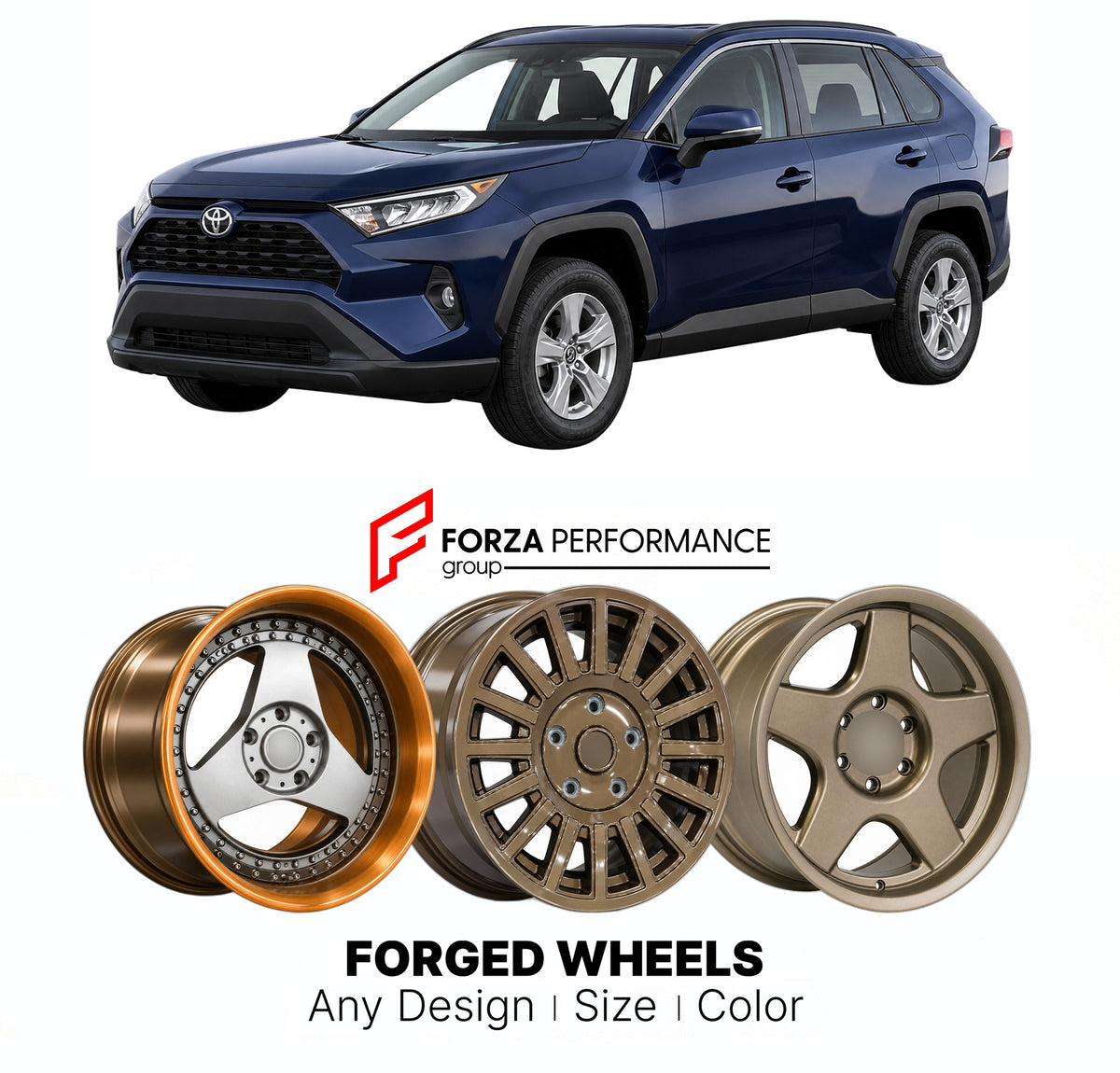 FORGED WHEELS RIMS for TOYOTA RAV4 XA50 2018 - 2025

Custom forged wheels for Toyota RAV4 XA50 2018 - 2025. Made-to-order monoblock, 2-piece and 3-piece rims in custom sizes, offsets, colors and finishes with guaranteed fitment.

We manufacture premium quality forged wheels rims for Toyota RAV4 XA50 2018 - 2025 in any design, size, color.

JDM WHEEL DESIGNS: our Japanese collection for SUVs and pickups includes designs inspired by Bradley V, Method Race Wheels, Forgiato, Kuhl Racing, Mugen, TRD, Rota, Work 