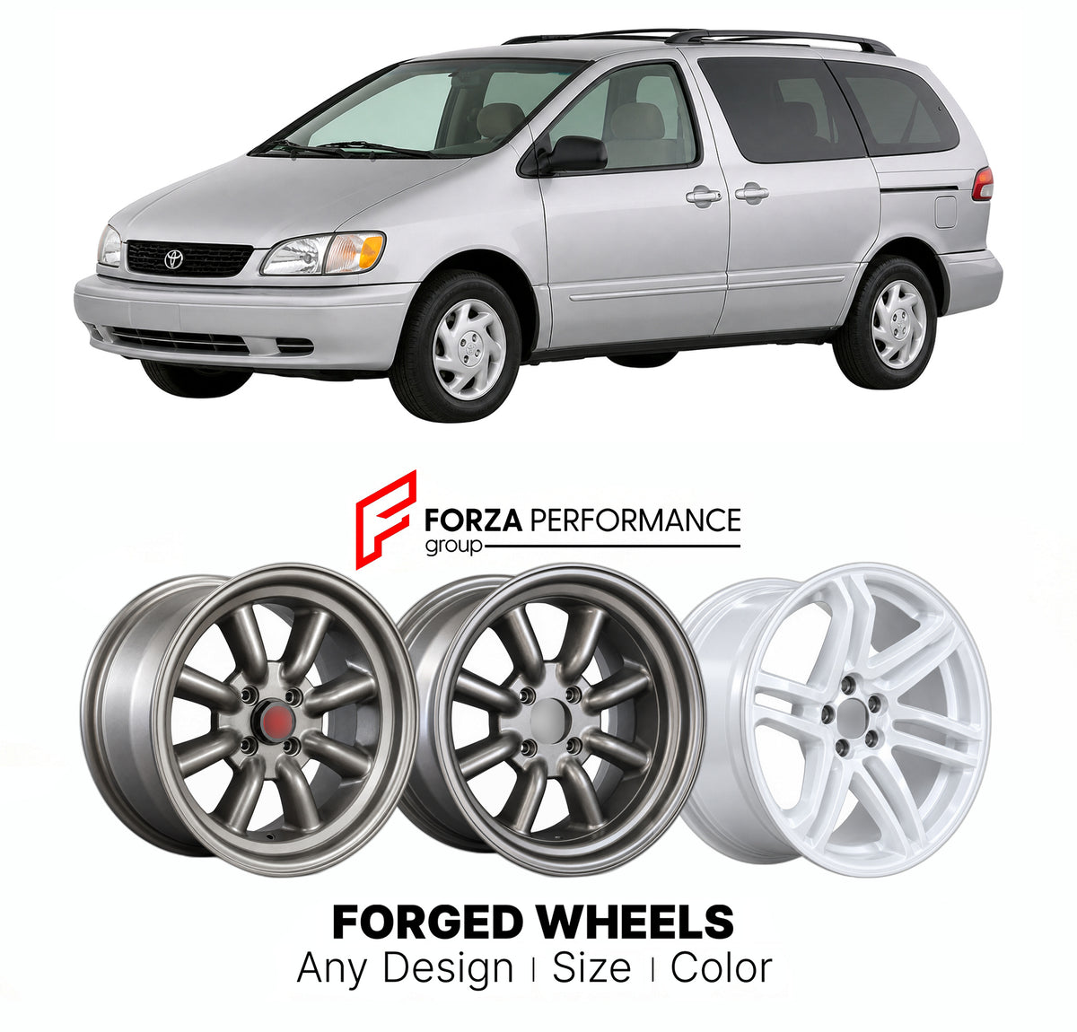 CUSTOM CLASSIC VINTAGE RESTOMOD RETRO OLD SCHOOL FORGED WHEELS RIMS for TOYOTA SIENNA XL10 1997 - 2003

Custom forged wheels for Toyota Sienna XL10 1997 - 2003. Classic, vintage, restomod and retro JDM wheel designs made to order in custom sizes, offsets, colors and finishes with guaranteed fitment.

We manufacture premium quality forged wheels rims for Toyota Sienna XL10 1997 - 2003 in any design, size, color.

JDM WHEEL DESIGNS: our Japanese collection for hatchbacks, kei cars and MPVs includes designs in
