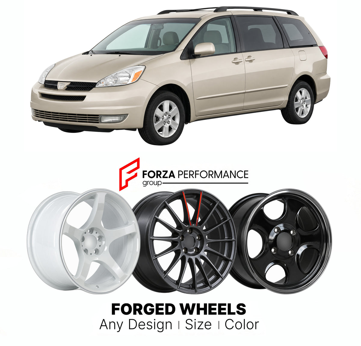 FORGED WHEELS RIMS for TOYOTA SIENNA XL20 2003 - 2005

Custom forged wheels for Toyota Sienna XL20 2003 - 2005. Made-to-order monoblock, 2-piece and 3-piece rims in custom sizes, offsets, colors and finishes with guaranteed fitment.

We manufacture premium quality forged wheels rims for Toyota Sienna XL20 2003 - 2005 in any design, size, color.

JDM WHEEL DESIGNS: our Japanese collection for hatchbacks, kei cars and MPVs includes designs inspired by Rays Volk Racing, Enkei, XXR, Rota, Work Wheels, Cosmis Ra