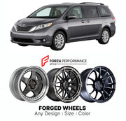 FORGED WHEELS RIMS for TOYOTA SIENNA XL30 2010 - 2014

Custom forged wheels for Toyota Sienna XL30 2010 - 2014. Made-to-order monoblock, 2-piece and 3-piece rims in custom sizes, offsets, colors and finishes with guaranteed fitment.

We manufacture premium quality forged wheels rims for Toyota Sienna XL30 2010 - 2014 in any design, size, color.

JDM WHEEL DESIGNS: our Japanese collection for hatchbacks, kei cars and MPVs includes designs inspired by Rays Volk Racing, Enkei, XXR, Rota, Work Wheels, Cosmis Ra