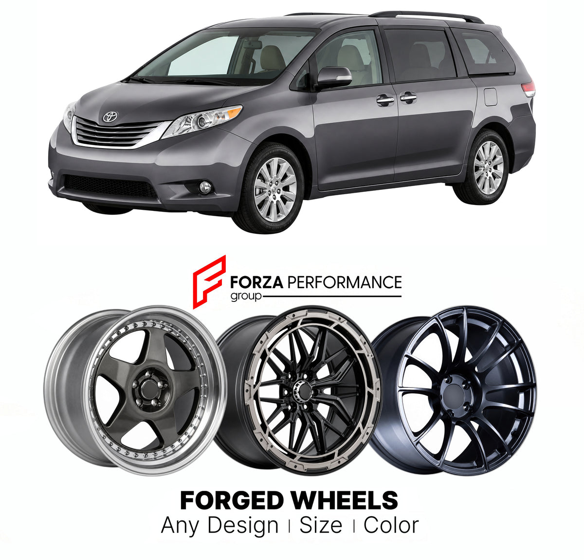 FORGED WHEELS RIMS for TOYOTA SIENNA XL30 2010 - 2014

Custom forged wheels for Toyota Sienna XL30 2010 - 2014. Made-to-order monoblock, 2-piece and 3-piece rims in custom sizes, offsets, colors and finishes with guaranteed fitment.

We manufacture premium quality forged wheels rims for Toyota Sienna XL30 2010 - 2014 in any design, size, color.

JDM WHEEL DESIGNS: our Japanese collection for hatchbacks, kei cars and MPVs includes designs inspired by Rays Volk Racing, Enkei, XXR, Rota, Work Wheels, Cosmis Ra