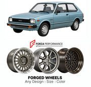 CUSTOM CLASSIC VINTAGE RESTOMOD RETRO OLD SCHOOL FORGED WHEELS RIMS for TOYOTA STARLET P60 1978 - 1984

Custom forged wheels for Toyota Starlet P60 1978 - 1984. Classic, vintage, restomod and retro JDM wheel designs made to order in custom sizes, offsets, colors and finishes with guaranteed fitment.

We manufacture premium quality forged wheels rims for Toyota Starlet P60 1978 - 1984 in any design, size, color.

JDM WHEEL DESIGNS: our Japanese collection for hatchbacks, kei cars and MPVs includes designs in