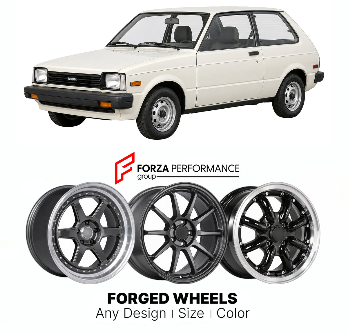 CUSTOM CLASSIC VINTAGE RESTOMOD RETRO OLD SCHOOL FORGED WHEELS RIMS for TOYOTA STARLET P70 1984 - 1989

Custom forged wheels for Toyota Starlet P70 1984 - 1989. Classic, vintage, restomod and retro JDM wheel designs made to order in custom sizes, offsets, colors and finishes with guaranteed fitment.

We manufacture premium quality forged wheels rims for Toyota Starlet P70 1984 - 1989 in any design, size, color.

JDM WHEEL DESIGNS: our Japanese collection for hatchbacks, kei cars and MPVs includes designs in