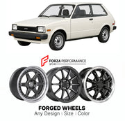 CUSTOM CLASSIC VINTAGE RESTOMOD RETRO OLD SCHOOL FORGED WHEELS RIMS for TOYOTA STARLET P70 1984 - 1989

Custom forged wheels for Toyota Starlet P70 1984 - 1989. Classic, vintage, restomod and retro JDM wheel designs made to order in custom sizes, offsets, colors and finishes with guaranteed fitment.

We manufacture premium quality forged wheels rims for Toyota Starlet P70 1984 - 1989 in any design, size, color.

JDM WHEEL DESIGNS: our Japanese collection for hatchbacks, kei cars and MPVs includes designs in