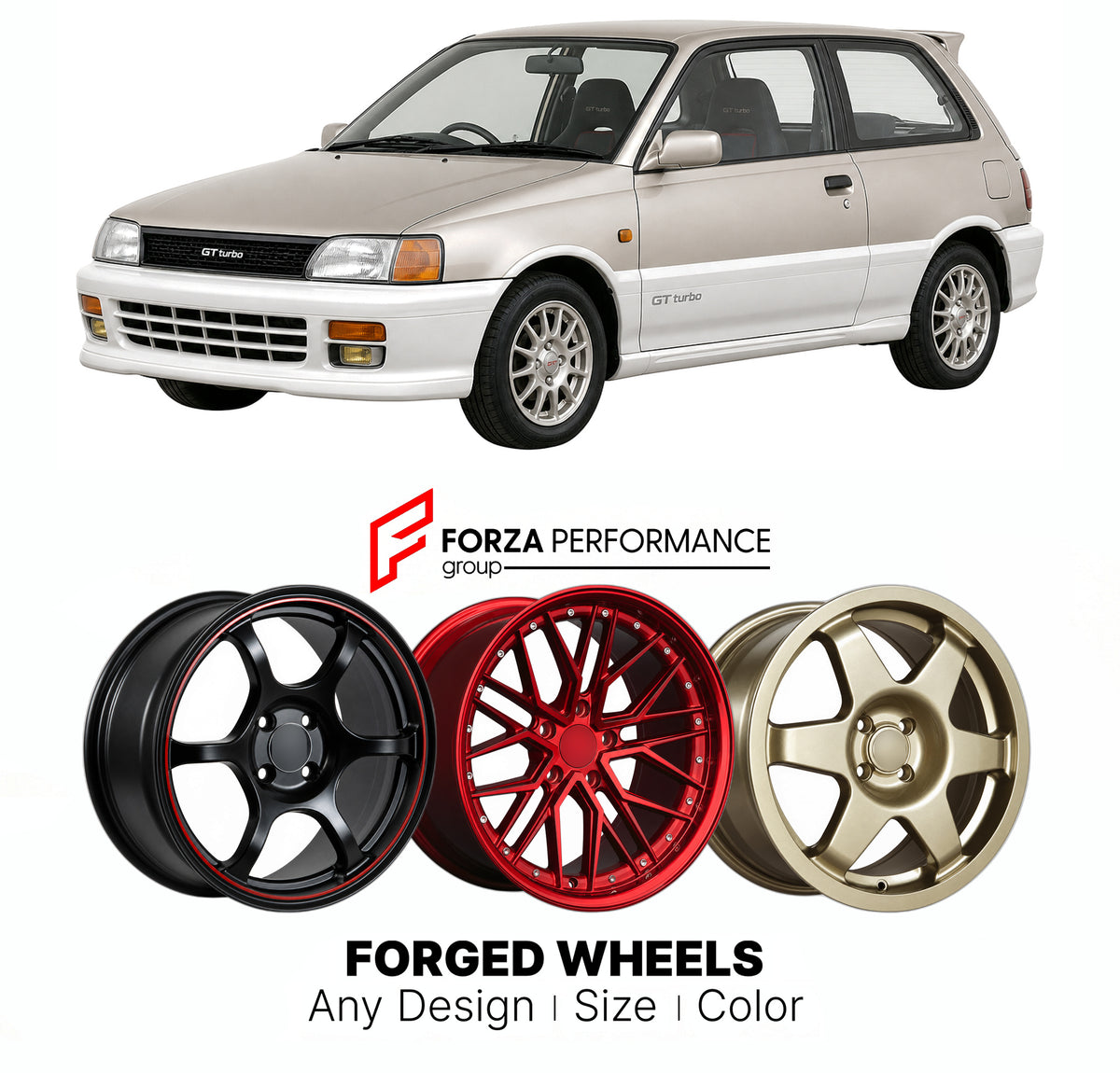 CUSTOM CLASSIC VINTAGE RESTOMOD RETRO OLD SCHOOL FORGED WHEELS RIMS for TOYOTA STARLET P80 1989 - 1995

Custom forged wheels for Toyota Starlet P80 1989 - 1995. Classic, vintage, restomod and retro JDM wheel designs made to order in custom sizes, offsets, colors and finishes with guaranteed fitment.

We manufacture premium quality forged wheels rims for Toyota Starlet P80 1989 - 1995 in any design, size, color.

JDM WHEEL DESIGNS: our Japanese collection for hatchbacks, kei cars and MPVs includes designs in