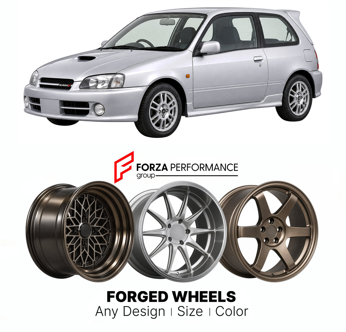 CUSTOM CLASSIC VINTAGE RESTOMOD RETRO OLD SCHOOL FORGED WHEELS RIMS for TOYOTA STARLET P90 1996 - 1999

Custom forged wheels for Toyota Starlet P90 1996 - 1999. Classic, vintage, restomod and retro JDM wheel designs made to order in custom sizes, offsets, colors and finishes with guaranteed fitment.

We manufacture premium quality forged wheels rims for Toyota Starlet P90 1996 - 1999 in any design, size, color.

JDM WHEEL DESIGNS: our Japanese collection for hatchbacks, kei cars and MPVs includes designs in