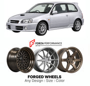 CUSTOM CLASSIC VINTAGE RESTOMOD RETRO OLD SCHOOL FORGED WHEELS RIMS for TOYOTA STARLET P90 1996 - 1999

Custom forged wheels for Toyota Starlet P90 1996 - 1999. Classic, vintage, restomod and retro JDM wheel designs made to order in custom sizes, offsets, colors and finishes with guaranteed fitment.

We manufacture premium quality forged wheels rims for Toyota Starlet P90 1996 - 1999 in any design, size, color.

JDM WHEEL DESIGNS: our Japanese collection for hatchbacks, kei cars and MPVs includes designs in