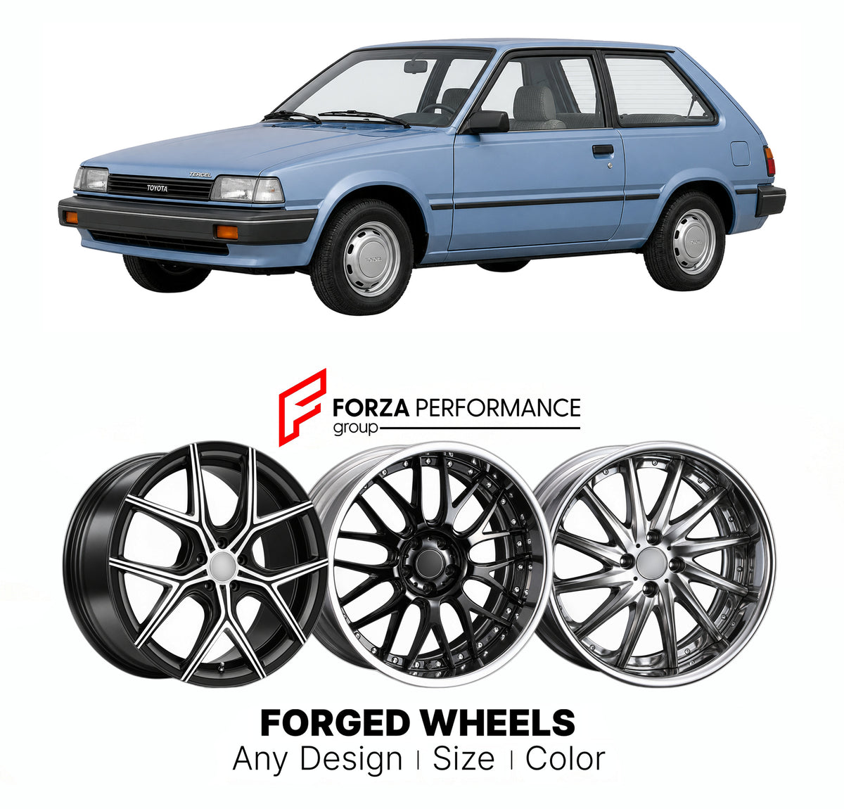 CUSTOM CLASSIC VINTAGE RESTOMOD RETRO OLD SCHOOL FORGED WHEELS RIMS for TOYOTA TERCEL L20 1982 - 1986

Custom forged wheels for Toyota Tercel L20 1982 - 1986. Classic, vintage, restomod and retro JDM wheel designs made to order in custom sizes, offsets, colors and finishes with guaranteed fitment.

We manufacture premium quality forged wheels rims for Toyota Tercel L20 1982 - 1986 in any design, size, color.

JDM WHEEL DESIGNS: our Japanese collection for sedans and wagons includes designs inspired by Weds 