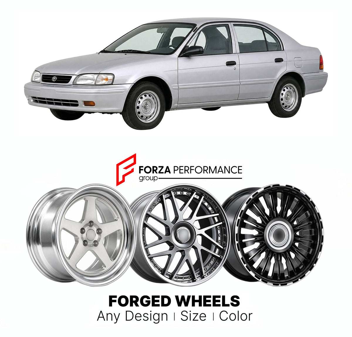 CUSTOM CLASSIC VINTAGE RESTOMOD RETRO OLD SCHOOL FORGED WHEELS RIMS for TOYOTA TERCEL L50 1994 - 1999

Custom forged wheels for Toyota Tercel L50 1994 - 1999. Classic, vintage, restomod and retro JDM wheel designs made to order in custom sizes, offsets, colors and finishes with guaranteed fitment.

We manufacture premium quality forged wheels rims for Toyota Tercel L50 1994 - 1999 in any design, size, color.

JDM WHEEL DESIGNS: our Japanese collection for sedans and wagons includes designs inspired by Weds 