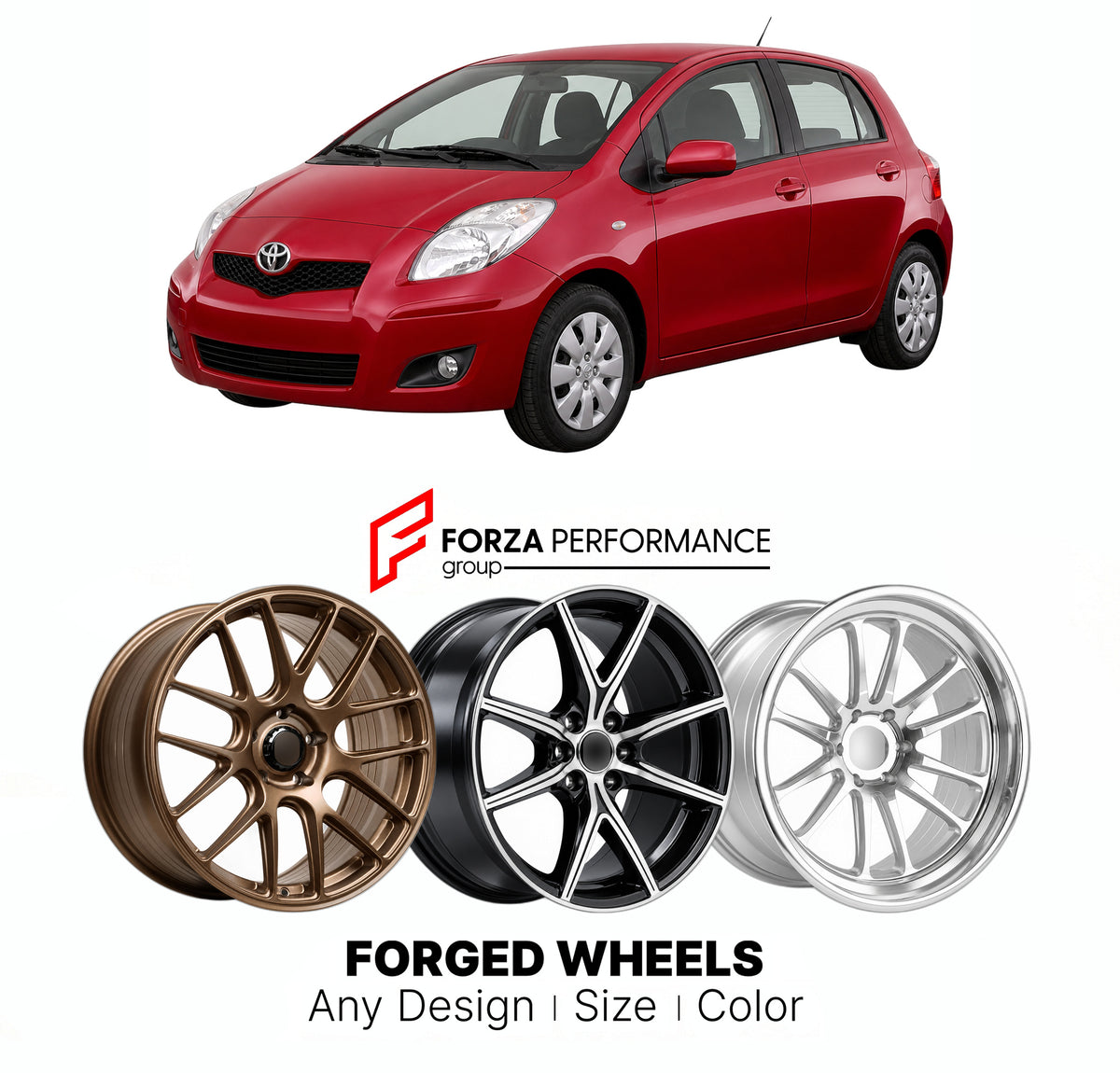 FORGED WHEELS RIMS for TOYOTA YARIS VITZ XP90 FACELIFT 2009 - 2011

Custom forged wheels for Toyota Yaris Vitz XP90 Facelift 2009 - 2011. Made-to-order monoblock, 2-piece and 3-piece rims in custom sizes, offsets, colors and finishes with guaranteed fitment.

We manufacture premium quality forged wheels rims for Toyota Yaris Vitz XP90 Facelift 2009 - 2011 in any design, size, color.

JDM WHEEL DESIGNS: our Japanese collection for hatchbacks, kei cars and MPVs includes designs inspired by Rays Volk Racing, E