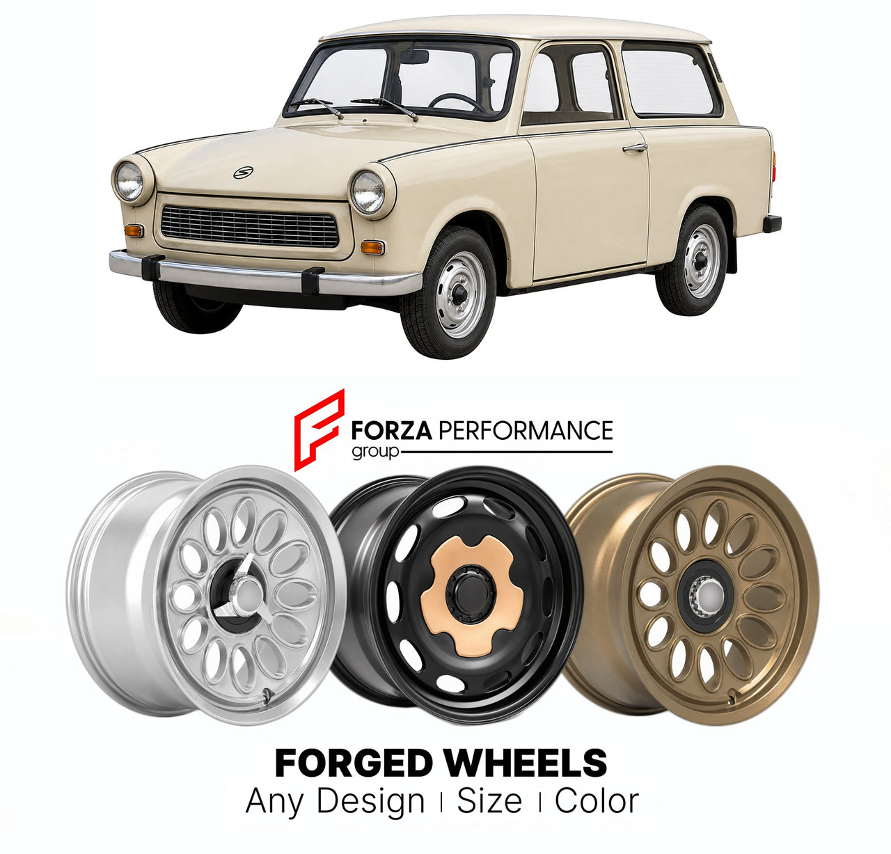 CUSTOM CLASSIC VINTAGE RESTOMOD RETRO OLD SCHOOL FORGED WHEELS RIMS for TRABANT 601 1964 - 1990

Custom forged wheels for Trabant 601 1964 - 1990. Classic, vintage, restomod wheel designs made to order in custom sizes, offsets, colors and finishes.

We manufacture premium quality forged wheels rims for Trabant 601 1964 - 1990 in any design, size, color.

THIS WHEEL DESIGN CAN BE CUSTOM-MADE FOR YOUR CAR IN ANY SIZE AND COLOR OPTIONS
Available in monoblock, 2-piece, 3-piece, duoblock, beadlock
3D wheel rende