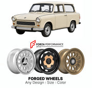 CUSTOM CLASSIC VINTAGE RESTOMOD RETRO OLD SCHOOL FORGED WHEELS RIMS for TRABANT 601 1964 - 1990

Custom forged wheels for Trabant 601 1964 - 1990. Classic, vintage, restomod wheel designs made to order in custom sizes, offsets, colors and finishes.

We manufacture premium quality forged wheels rims for Trabant 601 1964 - 1990 in any design, size, color.

THIS WHEEL DESIGN CAN BE CUSTOM-MADE FOR YOUR CAR IN ANY SIZE AND COLOR OPTIONS
Available in monoblock, 2-piece, 3-piece, duoblock, beadlock
3D wheel rende
