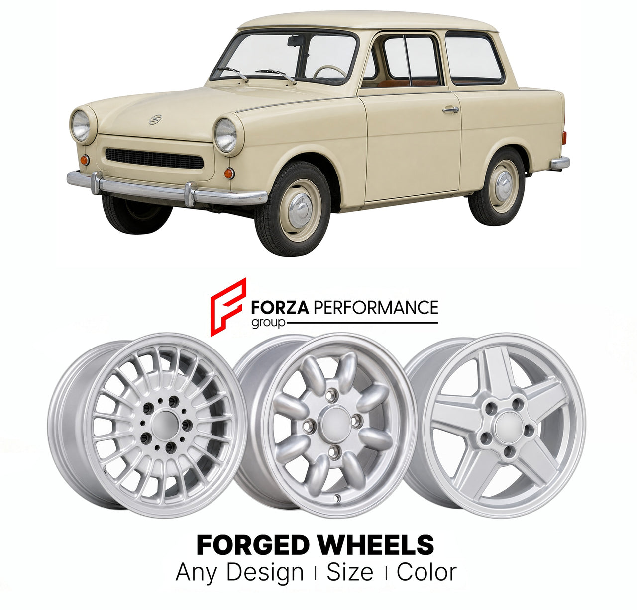 CUSTOM CLASSIC VINTAGE RESTOMOD RETRO OLD SCHOOL FORGED WHEELS RIMS for TRABANT P50 P60 1957 - 1964

Custom forged wheels for Trabant P50 P60 1957 - 1964. Classic, vintage, restomod wheel designs made to order in custom sizes, offsets, colors and finishes.

We manufacture premium quality forged wheels rims for Trabant P50 P60 1957 - 1964 in any design, size, color.

THIS WHEEL DESIGN CAN BE CUSTOM-MADE FOR YOUR CAR IN ANY SIZE AND COLOR OPTIONS
Available in monoblock, 2-piece, 3-piece, duoblock, beadlock
3D