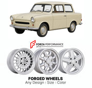 CUSTOM CLASSIC VINTAGE RESTOMOD RETRO OLD SCHOOL FORGED WHEELS RIMS for TRABANT P50 P60 1957 - 1964

Custom forged wheels for Trabant P50 P60 1957 - 1964. Classic, vintage, restomod wheel designs made to order in custom sizes, offsets, colors and finishes.

We manufacture premium quality forged wheels rims for Trabant P50 P60 1957 - 1964 in any design, size, color.

THIS WHEEL DESIGN CAN BE CUSTOM-MADE FOR YOUR CAR IN ANY SIZE AND COLOR OPTIONS
Available in monoblock, 2-piece, 3-piece, duoblock, beadlock
3D