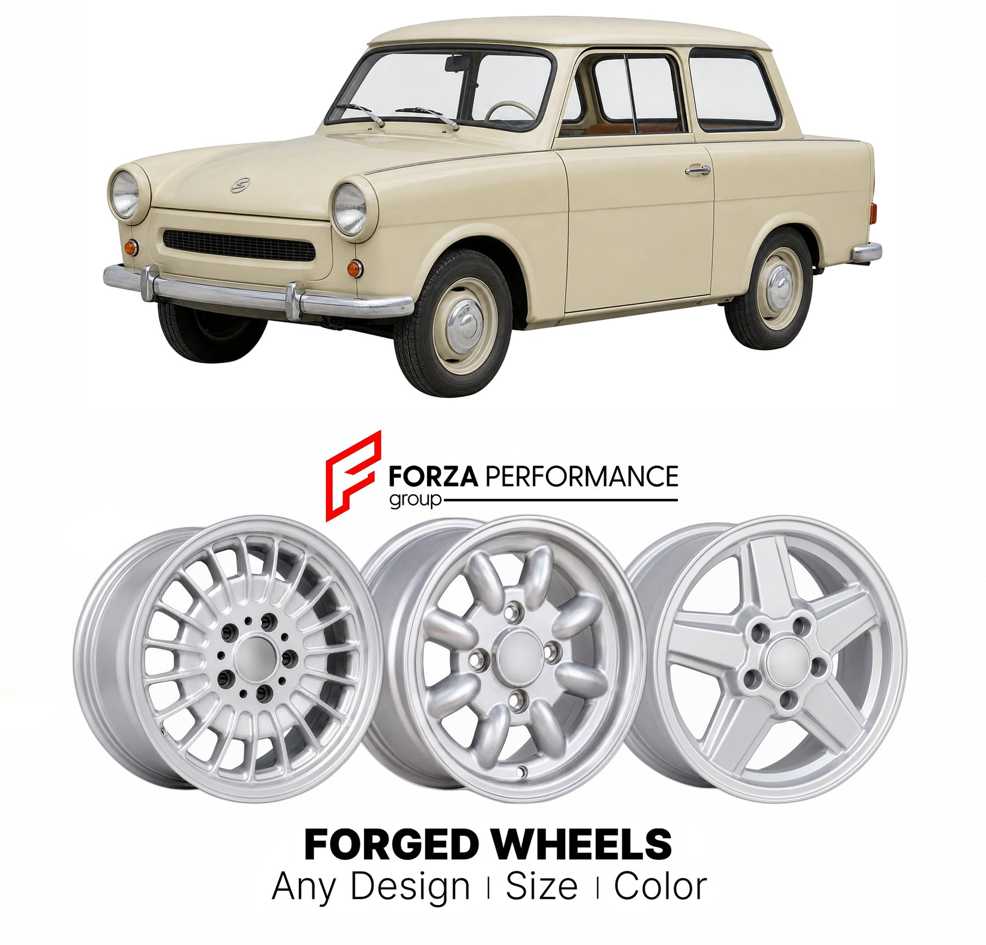 CUSTOM CLASSIC VINTAGE RESTOMOD RETRO OLD SCHOOL FORGED WHEELS RIMS for TRABANT P50 P60 1957 - 1964

Custom forged wheels for Trabant P50 P60 1957 - 1964. Classic, vintage, restomod wheel designs made to order in custom sizes, offsets, colors and finishes.

We manufacture premium quality forged wheels rims for Trabant P50 P60 1957 - 1964 in any design, size, color.

THIS WHEEL DESIGN CAN BE CUSTOM-MADE FOR YOUR CAR IN ANY SIZE AND COLOR OPTIONS
Available in monoblock, 2-piece, 3-piece, duoblock, beadlock
3D