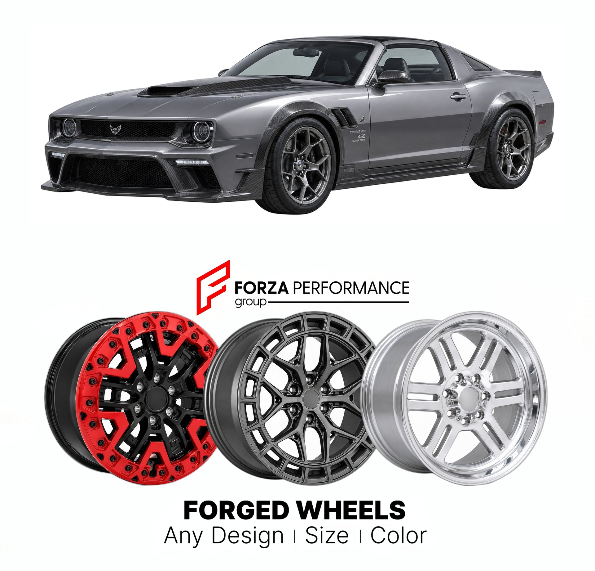FORGED WHEELS RIMS for TRANS AM WORLDWIDE 455 SUPER DUTY 2017+

Custom forged wheels for Trans Am Worldwide 455 Super Duty 2017+. Made-to-order monoblock, 2-piece and 3-piece rims in custom sizes, offsets, colors and finishes with guaranteed fitment.

We manufacture premium quality forged wheels rims for Trans Am Worldwide 455 Super Duty 2017+ in any design, size, color.

THIS WHEEL DESIGN CAN BE CUSTOM-MADE FOR YOUR CAR IN ANY SIZE AND COLOR OPTIONS
Available in monoblock, 2-piece, 3-piece, duoblock, beadl