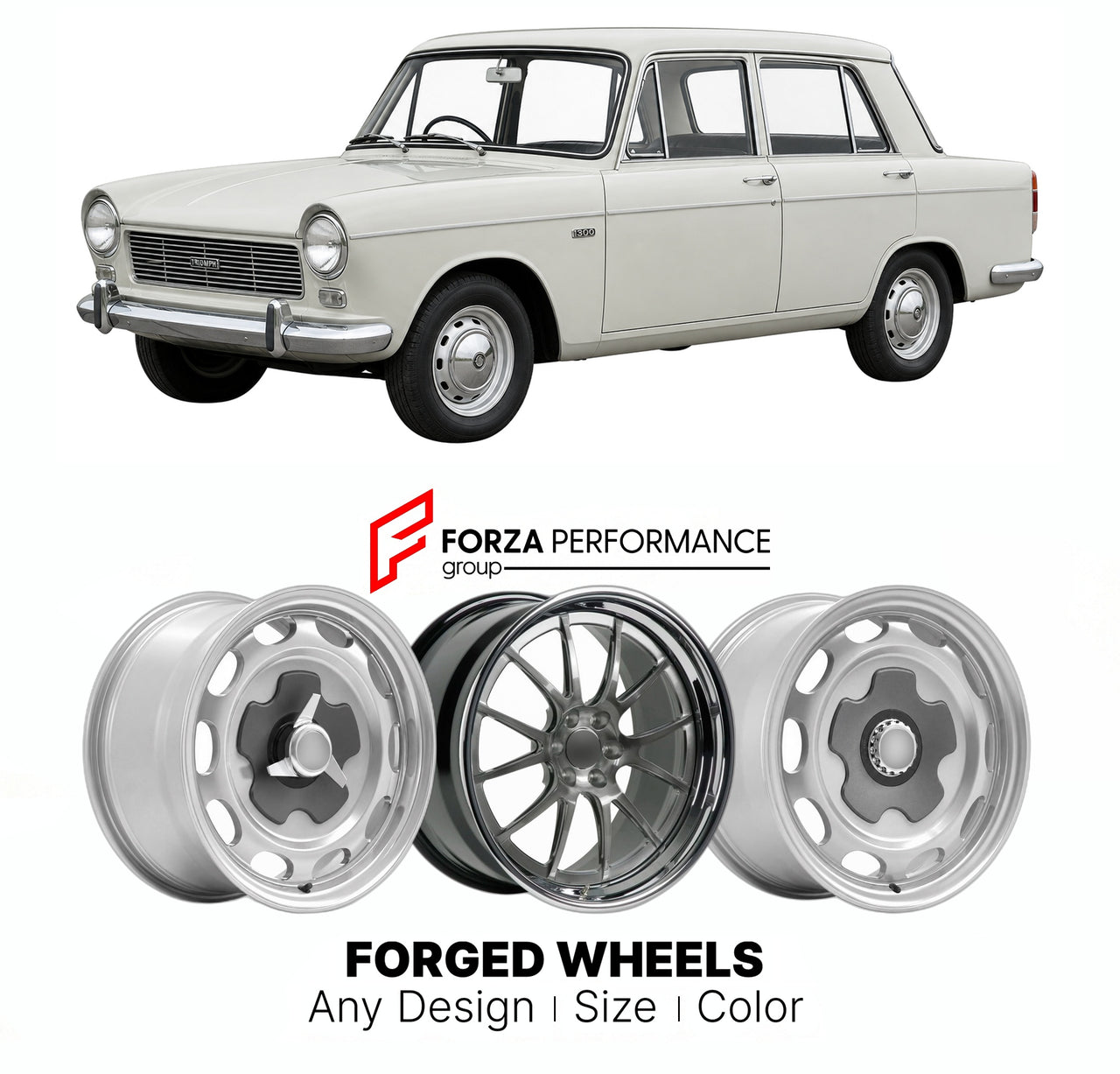 CUSTOM CLASSIC VINTAGE RESTOMOD RETRO OLD SCHOOL FORGED WHEELS RIMS for TRIUMPH 1300 1965 - 1970

Custom forged wheels for Triumph 1300 1965 - 1970. Classic, vintage, restomod wheel designs made to order in custom sizes, offsets, colors and finishes.

We manufacture premium quality forged wheels rims for Triumph 1300 1965 - 1970 in any design, size, color.

THIS WHEEL DESIGN CAN BE CUSTOM-MADE FOR YOUR CAR IN ANY SIZE AND COLOR OPTIONS
Available in monoblock, 2-piece, 3-piece, duoblock, beadlock
3D wheel re