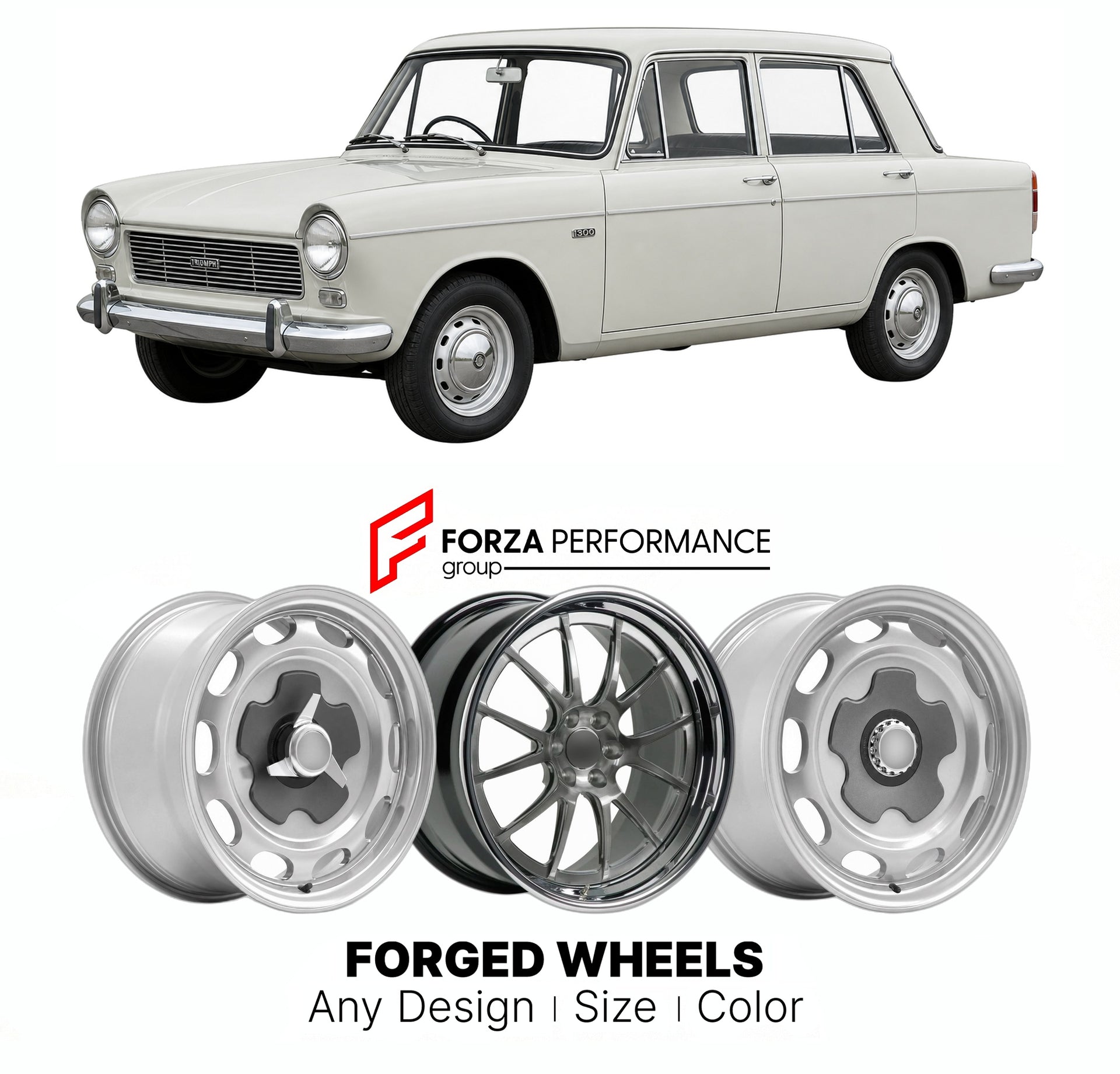 CUSTOM CLASSIC VINTAGE RESTOMOD RETRO OLD SCHOOL FORGED WHEELS RIMS for TRIUMPH 1300 1965 - 1970

Custom forged wheels for Triumph 1300 1965 - 1970. Classic, vintage, restomod wheel designs made to order in custom sizes, offsets, colors and finishes.

We manufacture premium quality forged wheels rims for Triumph 1300 1965 - 1970 in any design, size, color.

THIS WHEEL DESIGN CAN BE CUSTOM-MADE FOR YOUR CAR IN ANY SIZE AND COLOR OPTIONS
Available in monoblock, 2-piece, 3-piece, duoblock, beadlock
3D wheel re