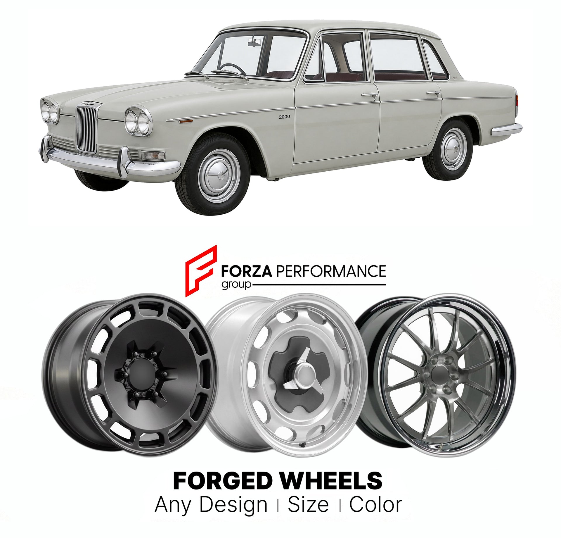 CUSTOM CLASSIC VINTAGE RESTOMOD RETRO OLD SCHOOL FORGED WHEELS RIMS for TRIUMPH 2000 MK I AUTOMATIC 1963 - 1969

Custom forged wheels for Triumph 2000 MK I Automatic 1963 - 1969. Classic, vintage, restomod wheel designs made to order in custom sizes, offsets, colors and finishes.

We manufacture premium quality forged wheels rims for Triumph 2000 MK I Automatic 1963 - 1969 in any design, size, color.

THIS WHEEL DESIGN CAN BE CUSTOM-MADE FOR YOUR CAR IN ANY SIZE AND COLOR OPTIONS
Available in monoblock, 2-p