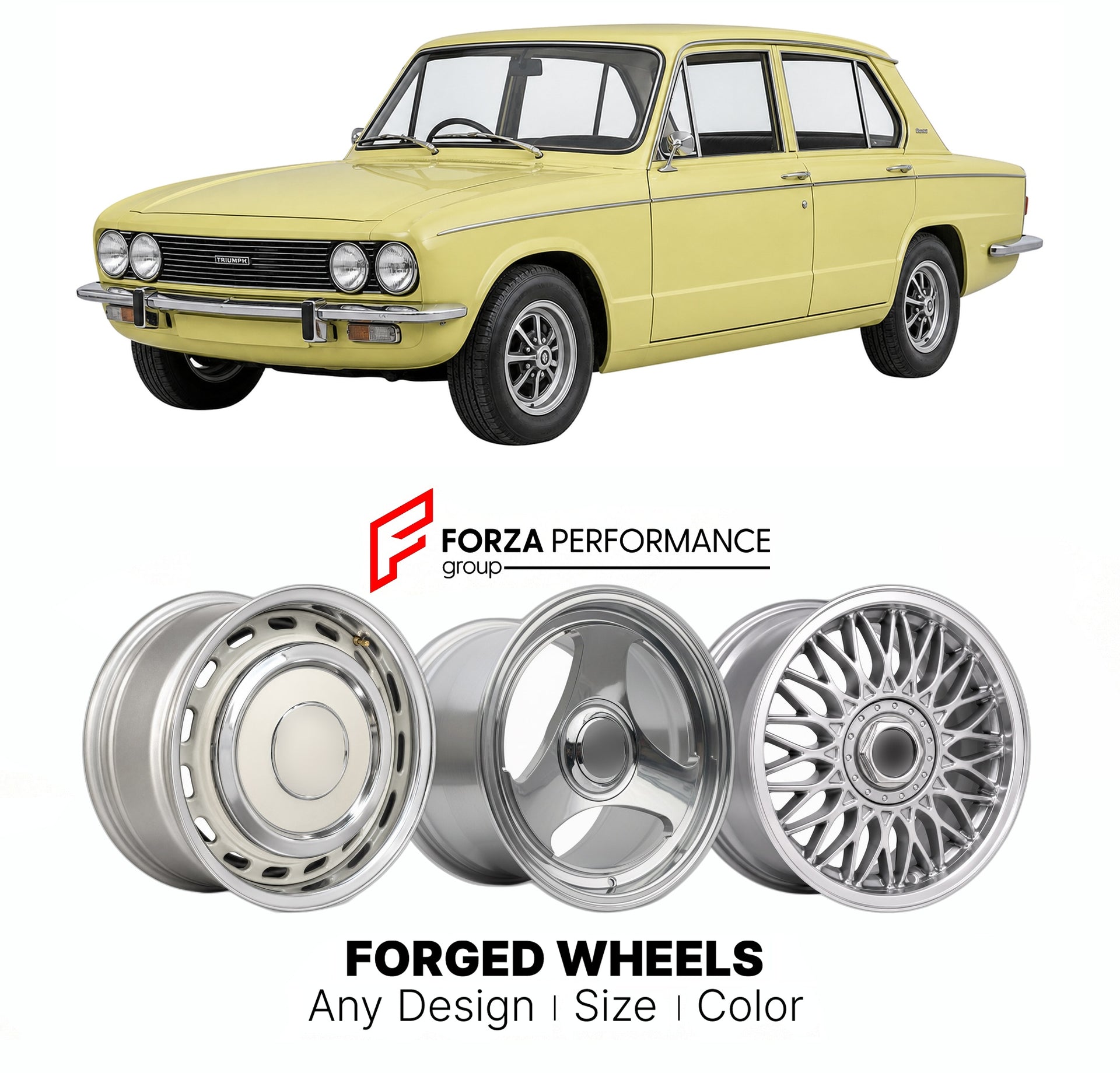 CUSTOM CLASSIC VINTAGE RESTOMOD RETRO OLD SCHOOL FORGED WHEELS RIMS for TRIUMPH DOLOMITE 1972 - 1980

Custom forged wheels for Triumph Dolomite 1972 - 1980. Classic, vintage, restomod wheel designs made to order in custom sizes, offsets, colors and finishes.

We manufacture premium quality forged wheels rims for Triumph Dolomite 1972 - 1980 in any design, size, color.

THIS WHEEL DESIGN CAN BE CUSTOM-MADE FOR YOUR CAR IN ANY SIZE AND COLOR OPTIONS
Available in monoblock, 2-piece, 3-piece, duoblock, beadlock
