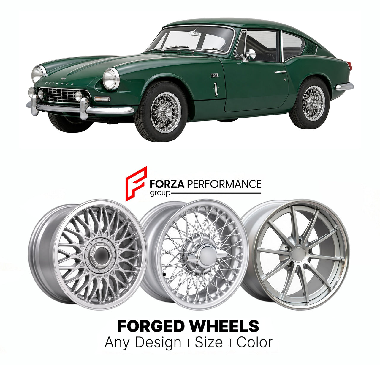 CUSTOM CLASSIC VINTAGE RESTOMOD RETRO OLD SCHOOL FORGED WHEELS RIMS for TRIUMPH GT6 MK 2 1968 - 1970

Custom forged wheels for Triumph GT6 MK 2 1968 - 1970. Classic, vintage, restomod wheel designs made to order in custom sizes, offsets, colors and finishes.

We manufacture premium quality forged wheels rims for Triumph GT6 MK 2 1968 - 1970 in any design, size, color.

THIS WHEEL DESIGN CAN BE CUSTOM-MADE FOR YOUR CAR IN ANY SIZE AND COLOR OPTIONS
Available in monoblock, 2-piece, 3-piece, duoblock, beadlock