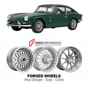 CUSTOM CLASSIC VINTAGE RESTOMOD RETRO OLD SCHOOL FORGED WHEELS RIMS for TRIUMPH GT6 MK 2 1968 - 1970

Custom forged wheels for Triumph GT6 MK 2 1968 - 1970. Classic, vintage, restomod wheel designs made to order in custom sizes, offsets, colors and finishes.

We manufacture premium quality forged wheels rims for Triumph GT6 MK 2 1968 - 1970 in any design, size, color.

THIS WHEEL DESIGN CAN BE CUSTOM-MADE FOR YOUR CAR IN ANY SIZE AND COLOR OPTIONS
Available in monoblock, 2-piece, 3-piece, duoblock, beadlock