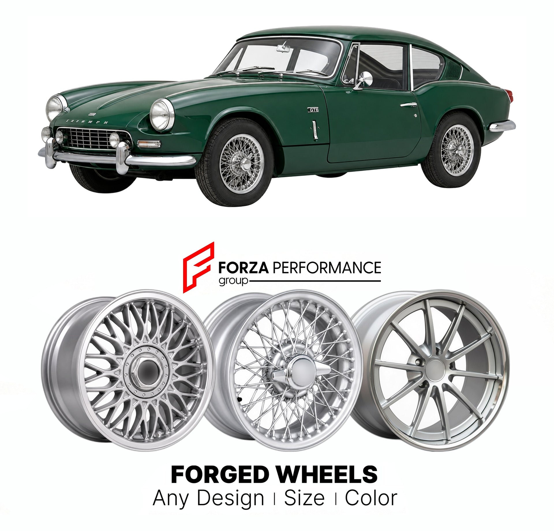 CUSTOM CLASSIC VINTAGE RESTOMOD RETRO OLD SCHOOL FORGED WHEELS RIMS for TRIUMPH GT6 MK 2 1968 - 1970

Custom forged wheels for Triumph GT6 MK 2 1968 - 1970. Classic, vintage, restomod wheel designs made to order in custom sizes, offsets, colors and finishes.

We manufacture premium quality forged wheels rims for Triumph GT6 MK 2 1968 - 1970 in any design, size, color.

THIS WHEEL DESIGN CAN BE CUSTOM-MADE FOR YOUR CAR IN ANY SIZE AND COLOR OPTIONS
Available in monoblock, 2-piece, 3-piece, duoblock, beadlock