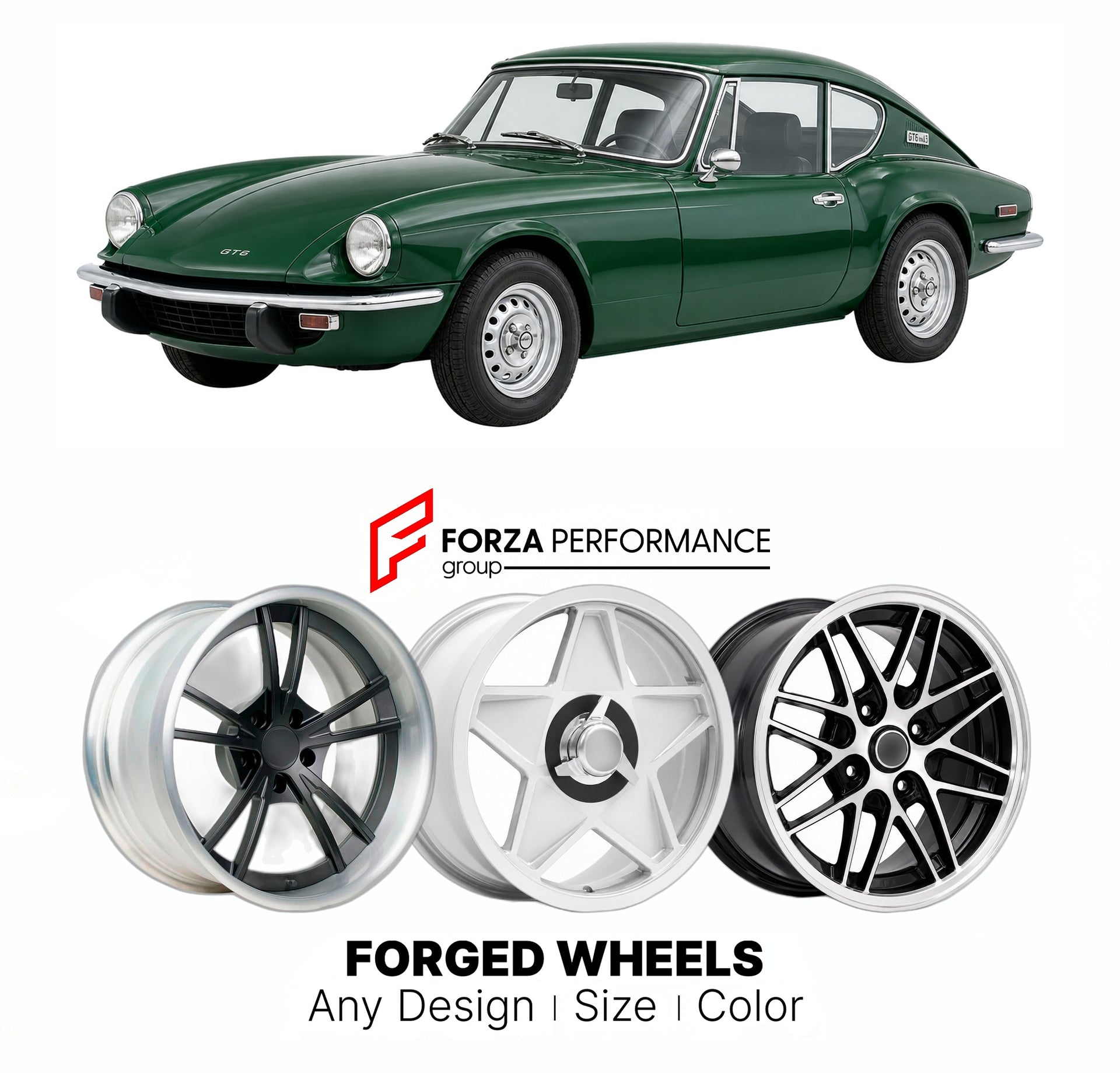 CUSTOM CLASSIC VINTAGE RESTOMOD RETRO OLD SCHOOL FORGED WHEELS RIMS for TRIUMPH GT6 MK III 1970 - 1973

Custom forged wheels for Triumph GT6 MK III 1970 - 1973. Classic, vintage, restomod wheel designs made to order in custom sizes, offsets, colors and finishes.

We manufacture premium quality forged wheels rims for Triumph GT6 MK III 1970 - 1973 in any design, size, color.

THIS WHEEL DESIGN CAN BE CUSTOM-MADE FOR YOUR CAR IN ANY SIZE AND COLOR OPTIONS
Available in monoblock, 2-piece, 3-piece, duoblock, be
