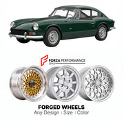 CUSTOM CLASSIC VINTAGE RESTOMOD RETRO OLD SCHOOL FORGED WHEELS RIMS for TRIUMPH GT6 MK I 1966 - 1968

Custom forged wheels for Triumph GT6 MK I 1966 - 1968. Classic, vintage, restomod wheel designs made to order in custom sizes, offsets, colors and finishes.

We manufacture premium quality forged wheels rims for Triumph GT6 MK I 1966 - 1968 in any design, size, color.

THIS WHEEL DESIGN CAN BE CUSTOM-MADE FOR YOUR CAR IN ANY SIZE AND COLOR OPTIONS
Available in monoblock, 2-piece, 3-piece, duoblock, beadlock