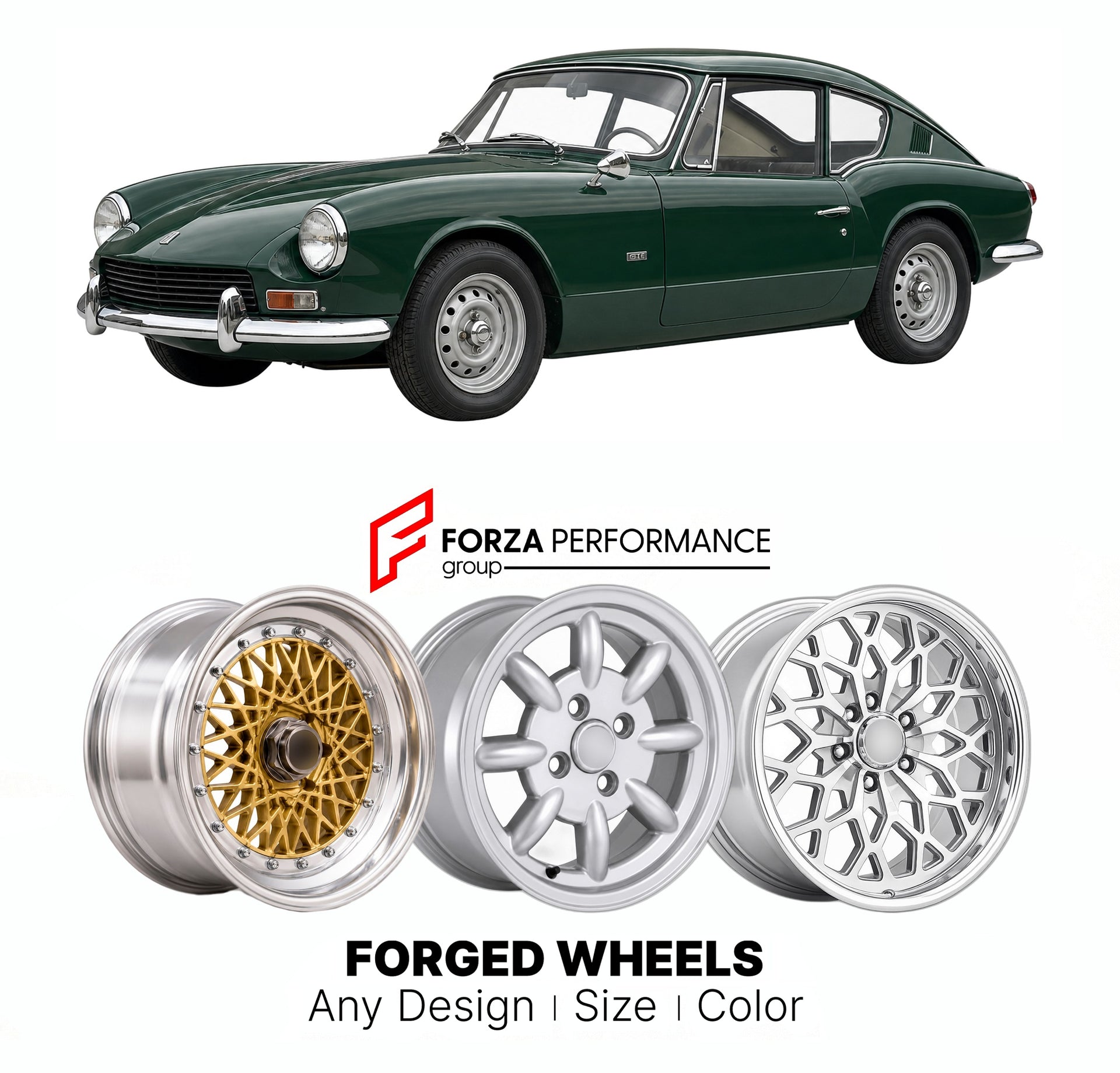 CUSTOM CLASSIC VINTAGE RESTOMOD RETRO OLD SCHOOL FORGED WHEELS RIMS for TRIUMPH GT6 MK I 1966 - 1968

Custom forged wheels for Triumph GT6 MK I 1966 - 1968. Classic, vintage, restomod wheel designs made to order in custom sizes, offsets, colors and finishes.

We manufacture premium quality forged wheels rims for Triumph GT6 MK I 1966 - 1968 in any design, size, color.

THIS WHEEL DESIGN CAN BE CUSTOM-MADE FOR YOUR CAR IN ANY SIZE AND COLOR OPTIONS
Available in monoblock, 2-piece, 3-piece, duoblock, beadlock
