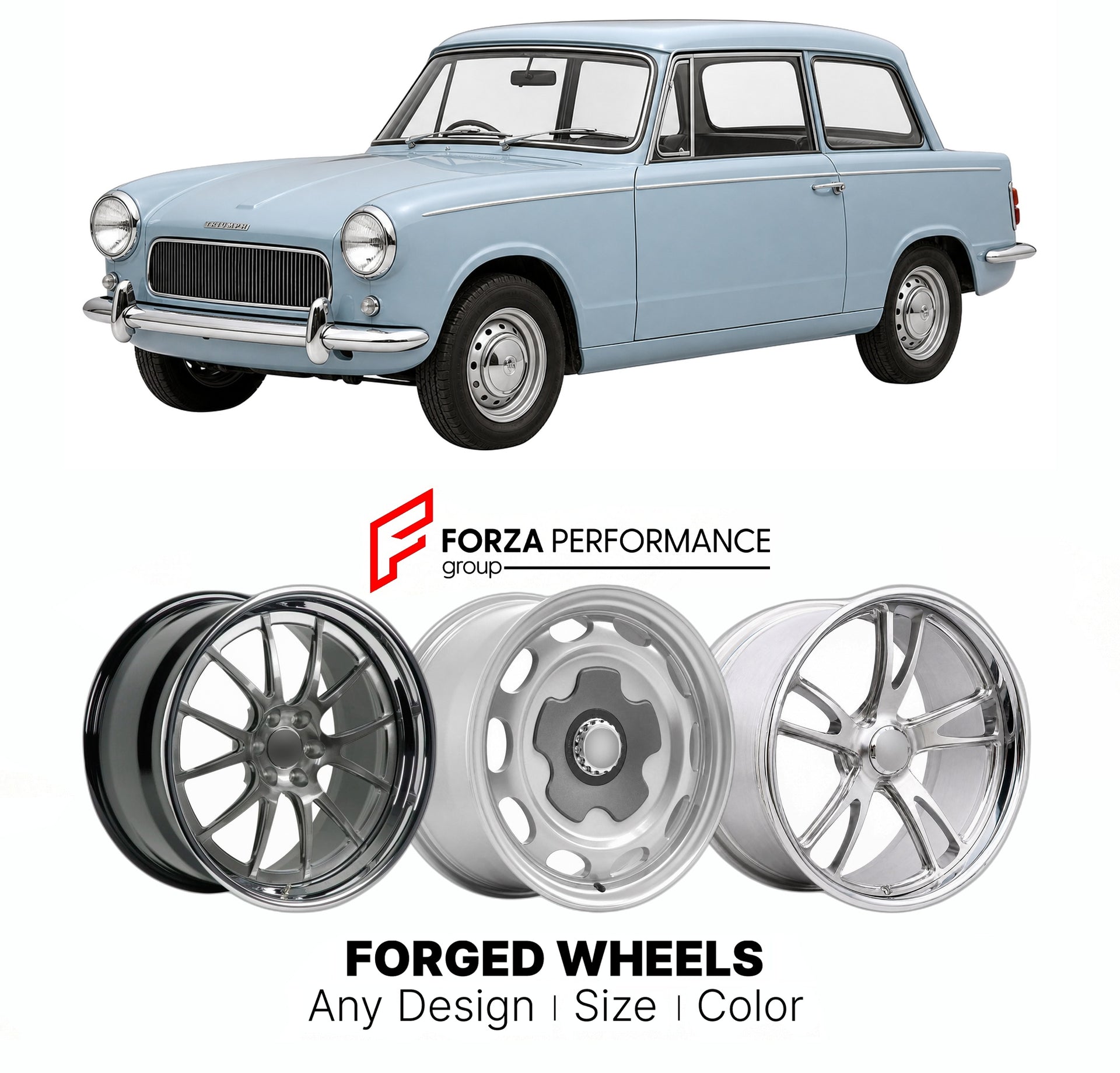 CUSTOM CLASSIC VINTAGE RESTOMOD RETRO OLD SCHOOL FORGED WHEELS RIMS for TRIUMPH HLD 1200 13 60 1959 - 1971

Custom forged wheels for Triumph Hld 1200 13 60 1959 - 1971. Classic, vintage, restomod wheel designs made to order in custom sizes, offsets, colors and finishes.

We manufacture premium quality forged wheels rims for Triumph Hld 1200 13 60 1959 - 1971 in any design, size, color.

THIS WHEEL DESIGN CAN BE CUSTOM-MADE FOR YOUR CAR IN ANY SIZE AND COLOR OPTIONS
Available in monoblock, 2-piece, 3-piece, 