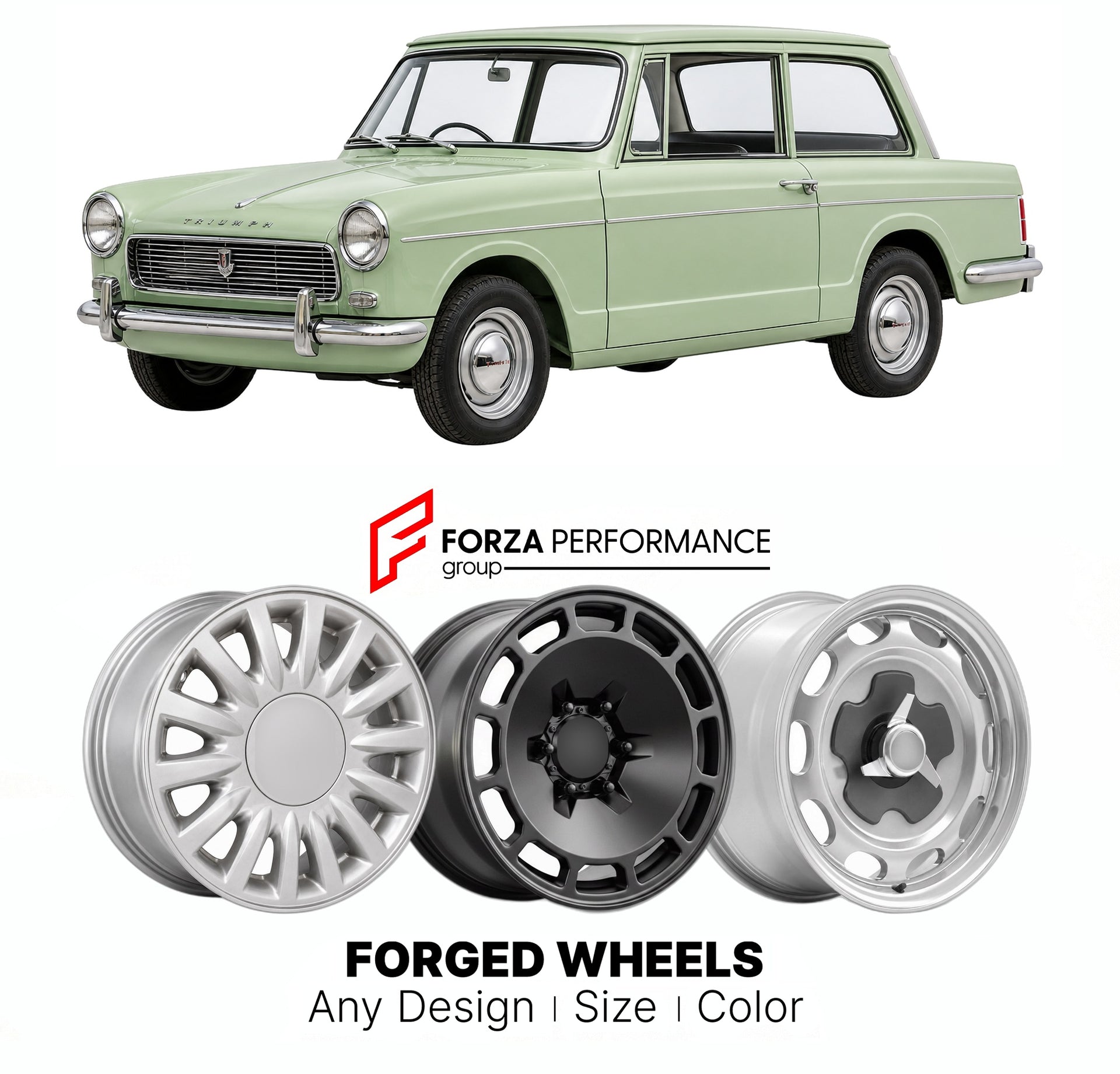 CUSTOM CLASSIC VINTAGE RESTOMOD RETRO OLD SCHOOL FORGED WHEELS RIMS for TRIUMPH HLD 1959 - 1971

Custom forged wheels for Triumph Hld 1959 - 1971. Classic, vintage, restomod wheel designs made to order in custom sizes, offsets, colors and finishes.

We manufacture premium quality forged wheels rims for Triumph Hld 1959 - 1971 in any design, size, color.

THIS WHEEL DESIGN CAN BE CUSTOM-MADE FOR YOUR CAR IN ANY SIZE AND COLOR OPTIONS
Available in monoblock, 2-piece, 3-piece, duoblock, beadlock
3D wheel rende