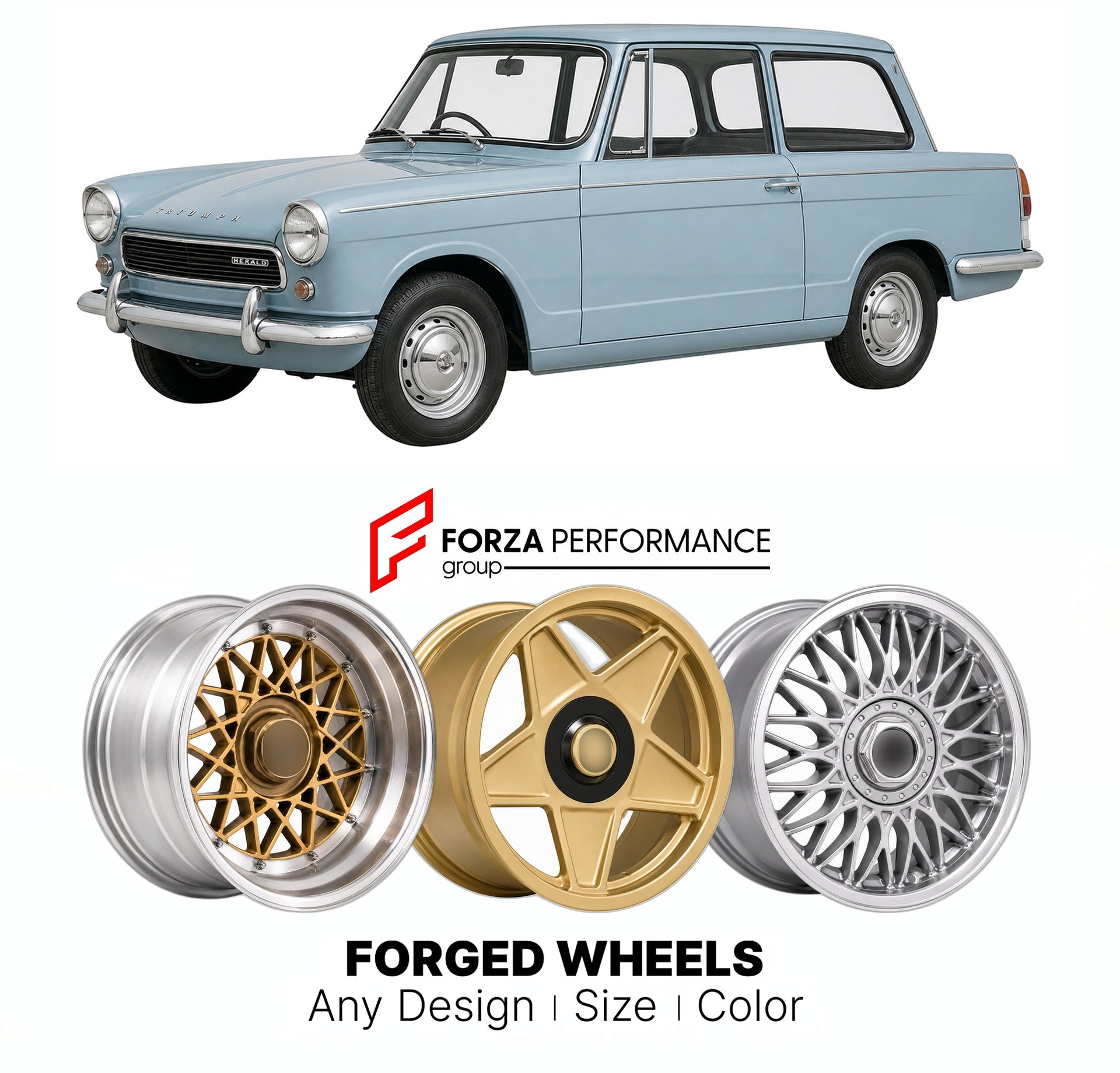 CUSTOM CLASSIC VINTAGE RESTOMOD RETRO OLD SCHOOL FORGED WHEELS RIMS for TRIUMPH HLD 1960 - 1971

Custom forged wheels for Triumph Hld 1960 - 1971. Classic, vintage, restomod wheel designs made to order in custom sizes, offsets, colors and finishes.

We manufacture premium quality forged wheels rims for Triumph Hld 1960 - 1971 in any design, size, color.

THIS WHEEL DESIGN CAN BE CUSTOM-MADE FOR YOUR CAR IN ANY SIZE AND COLOR OPTIONS
Available in monoblock, 2-piece, 3-piece, duoblock, beadlock
3D wheel rende