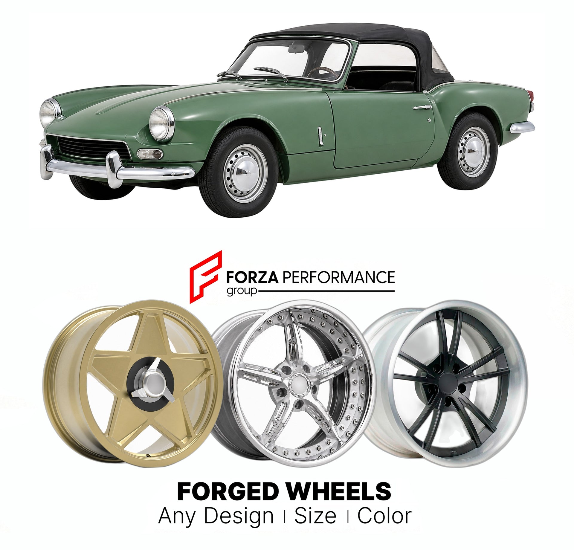 CUSTOM CLASSIC VINTAGE RESTOMOD RETRO OLD SCHOOL FORGED WHEELS RIMS for TRIUMPH SPITFIRE MK 1 1962 - 1964

Custom forged wheels for Triumph Spitfire MK 1 1962 - 1964. Classic, vintage, restomod wheel designs made to order in custom sizes, offsets, colors and finishes.

We manufacture premium quality forged wheels rims for Triumph Spitfire MK 1 1962 - 1964 in any design, size, color.

THIS WHEEL DESIGN CAN BE CUSTOM-MADE FOR YOUR CAR IN ANY SIZE AND COLOR OPTIONS
Available in monoblock, 2-piece, 3-piece, duo
