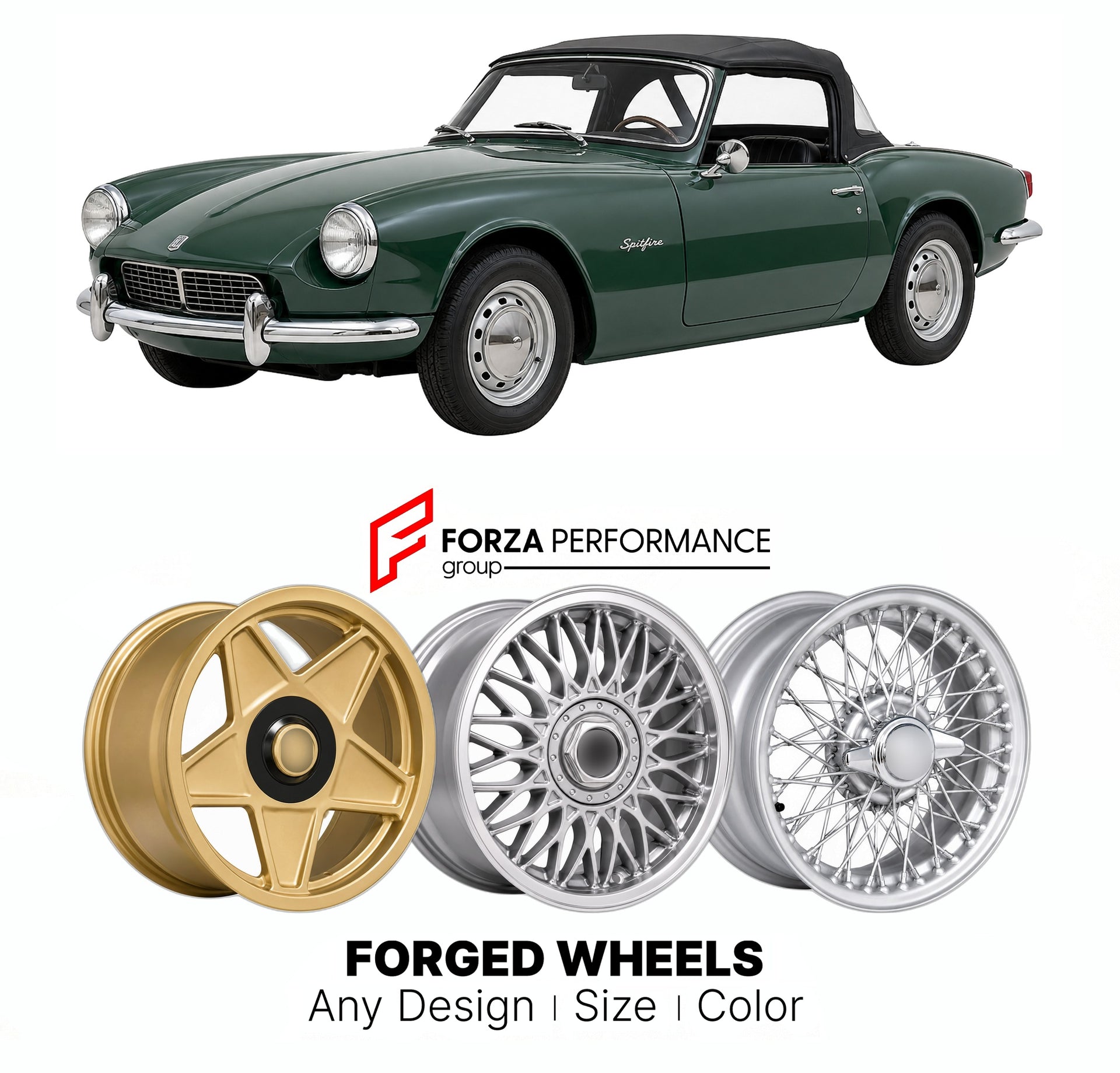 CUSTOM CLASSIC VINTAGE RESTOMOD RETRO OLD SCHOOL FORGED WHEELS RIMS for TRIUMPH SPITFIRE MK 2 1965 - 1967

Custom forged wheels for Triumph Spitfire MK 2 1965 - 1967. Classic, vintage, restomod wheel designs made to order in custom sizes, offsets, colors and finishes.

We manufacture premium quality forged wheels rims for Triumph Spitfire MK 2 1965 - 1967 in any design, size, color.

THIS WHEEL DESIGN CAN BE CUSTOM-MADE FOR YOUR CAR IN ANY SIZE AND COLOR OPTIONS
Available in monoblock, 2-piece, 3-piece, duo