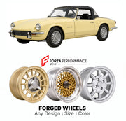 CUSTOM CLASSIC VINTAGE RESTOMOD RETRO OLD SCHOOL FORGED WHEELS RIMS for TRIUMPH SPITFIRE MK IV 1970 - 1974

Custom forged wheels for Triumph Spitfire MK IV 1970 - 1974. Classic, vintage, restomod wheel designs made to order in custom sizes, offsets, colors and finishes.

We manufacture premium quality forged wheels rims for Triumph Spitfire MK IV 1970 - 1974 in any design, size, color.

THIS WHEEL DESIGN CAN BE CUSTOM-MADE FOR YOUR CAR IN ANY SIZE AND COLOR OPTIONS
Available in monoblock, 2-piece, 3-piece, 