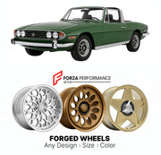 CUSTOM CLASSIC VINTAGE RESTOMOD RETRO OLD SCHOOL FORGED WHEELS RIMS for TRIUMPH STAG 1970 - 1977

Custom forged wheels for Triumph Stag 1970 - 1977. Classic, vintage, restomod wheel designs made to order in custom sizes, offsets, colors and finishes.

We manufacture premium quality forged wheels rims for Triumph Stag 1970 - 1977 in any design, size, color.

THIS WHEEL DESIGN CAN BE CUSTOM-MADE FOR YOUR CAR IN ANY SIZE AND COLOR OPTIONS
Available in monoblock, 2-piece, 3-piece, duoblock, beadlock
3D wheel re