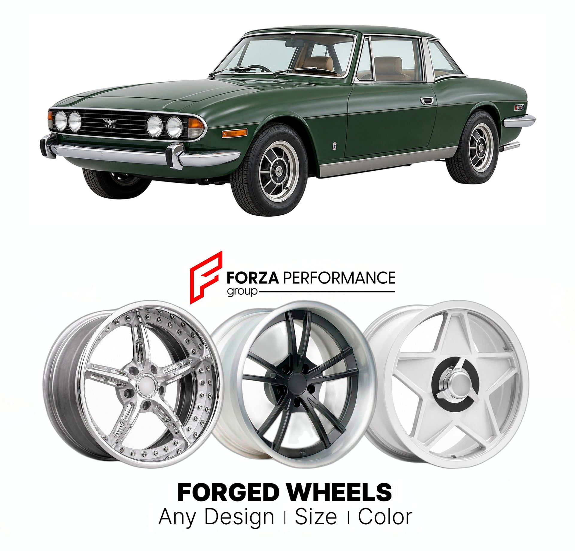 CUSTOM CLASSIC VINTAGE RESTOMOD RETRO OLD SCHOOL FORGED WHEELS RIMS for TRIUMPH STAG MK 1 MK 2 1970 - 1977

Custom forged wheels for Triumph Stag MK 1 MK 2 1970 - 1977. Classic, vintage, restomod wheel designs made to order in custom sizes, offsets, colors and finishes.

We manufacture premium quality forged wheels rims for Triumph Stag MK 1 MK 2 1970 - 1977 in any design, size, color.

THIS WHEEL DESIGN CAN BE CUSTOM-MADE FOR YOUR CAR IN ANY SIZE AND COLOR OPTIONS
Available in monoblock, 2-piece, 3-piece, 