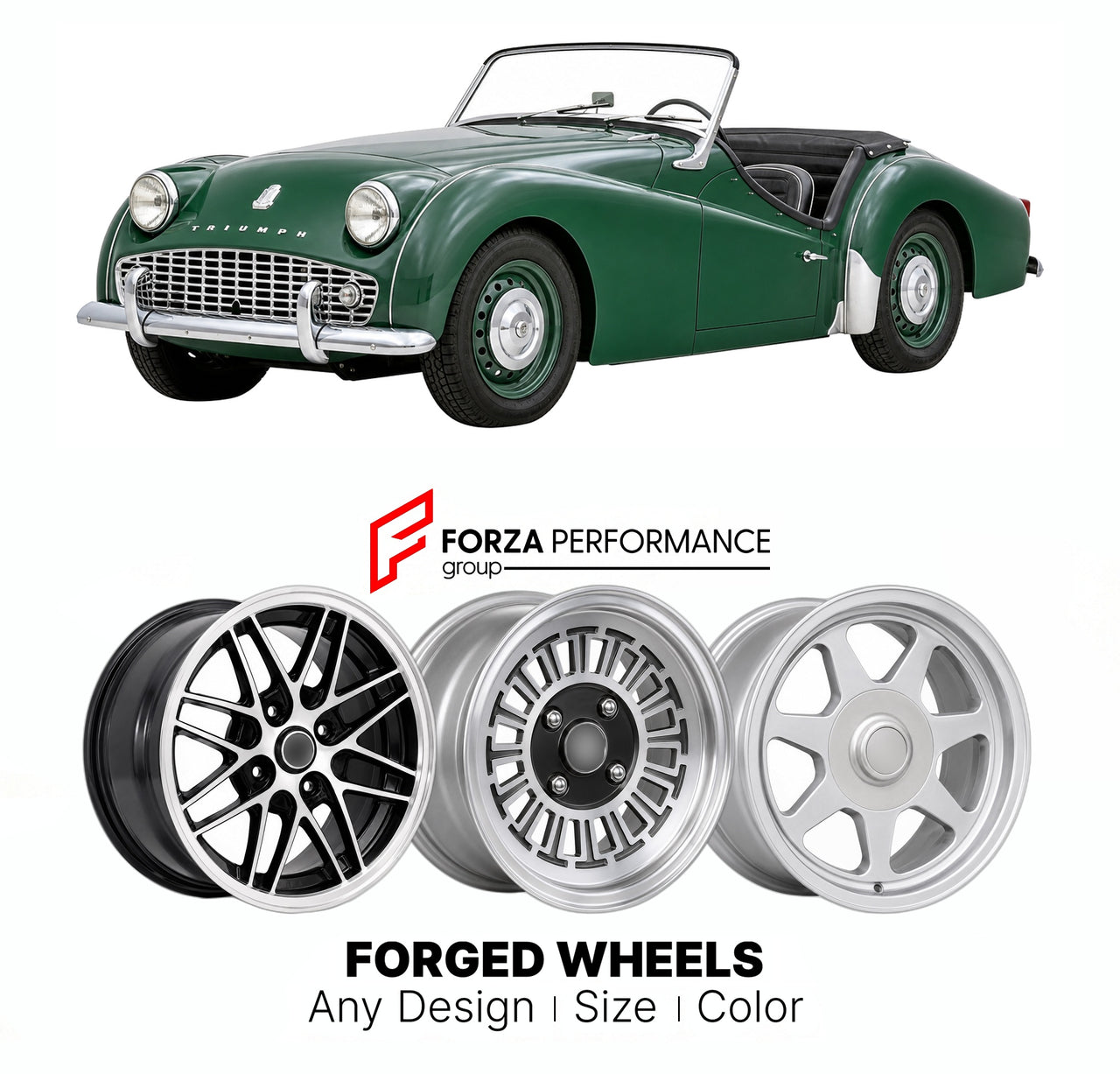 CUSTOM CLASSIC VINTAGE RESTOMOD RETRO OLD SCHOOL FORGED WHEELS RIMS for TRIUMPH TR3 1955 - 1962

Custom forged wheels for Triumph TR3 1955 - 1962. Classic, vintage, restomod wheel designs made to order in custom sizes, offsets, colors and finishes.

We manufacture premium quality forged wheels rims for Triumph TR3 1955 - 1962 in any design, size, color.

THIS WHEEL DESIGN CAN BE CUSTOM-MADE FOR YOUR CAR IN ANY SIZE AND COLOR OPTIONS
Available in monoblock, 2-piece, 3-piece, duoblock, beadlock
3D wheel rende