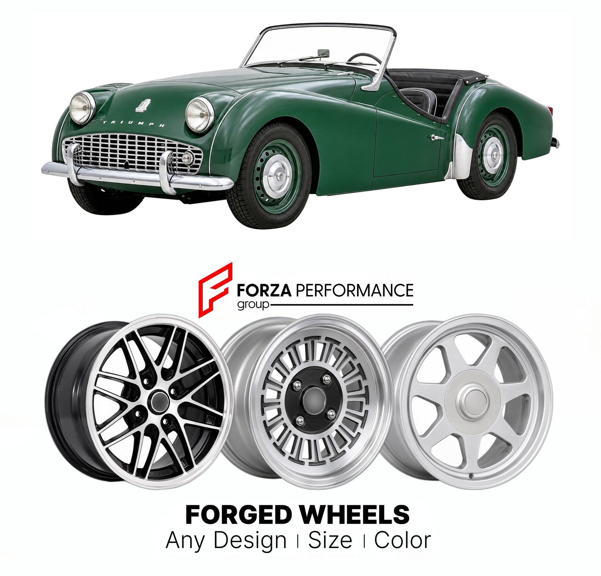 CUSTOM CLASSIC VINTAGE RESTOMOD RETRO OLD SCHOOL FORGED WHEELS RIMS for TRIUMPH TR3 1955 - 1962

Custom forged wheels for Triumph TR3 1955 - 1962. Classic, vintage, restomod wheel designs made to order in custom sizes, offsets, colors and finishes.

We manufacture premium quality forged wheels rims for Triumph TR3 1955 - 1962 in any design, size, color.

THIS WHEEL DESIGN CAN BE CUSTOM-MADE FOR YOUR CAR IN ANY SIZE AND COLOR OPTIONS
Available in monoblock, 2-piece, 3-piece, duoblock, beadlock
3D wheel rende
