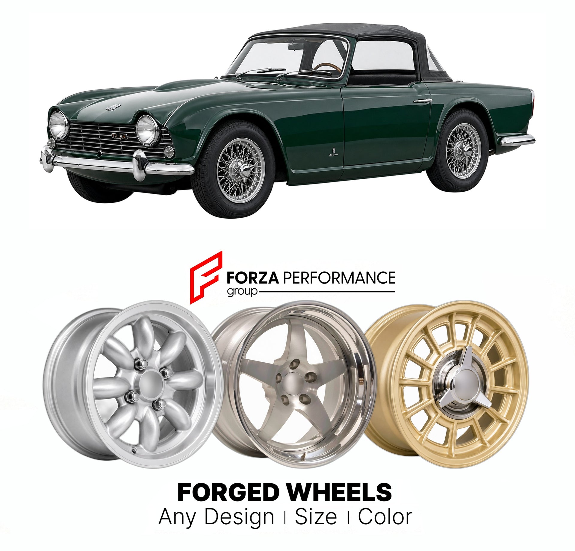 CUSTOM CLASSIC VINTAGE RESTOMOD RETRO OLD SCHOOL FORGED WHEELS RIMS for TRIUMPH TR4A 1965 - 1967

Custom forged wheels for Triumph TR4A 1965 - 1967. Classic, vintage, restomod wheel designs made to order in custom sizes, offsets, colors and finishes.

We manufacture premium quality forged wheels rims for Triumph TR4A 1965 - 1967 in any design, size, color.

THIS WHEEL DESIGN CAN BE CUSTOM-MADE FOR YOUR CAR IN ANY SIZE AND COLOR OPTIONS
Available in monoblock, 2-piece, 3-piece, duoblock, beadlock
3D wheel re